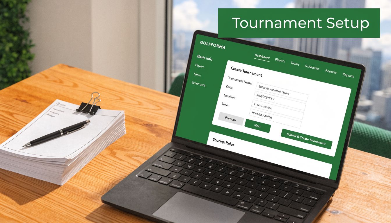 A laptop on a wooden desk displaying a golf tournament setup page on the Golfforma software website.