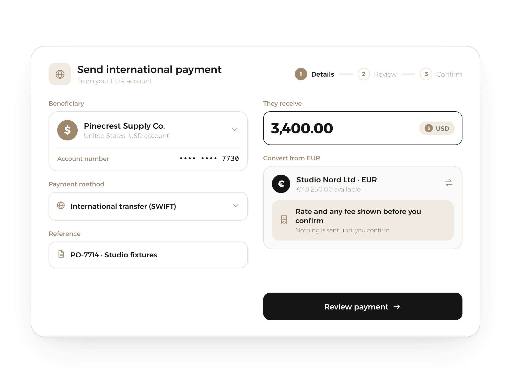 International payment form converting euros to US dollars, with the rate and any fee shown before you confirm