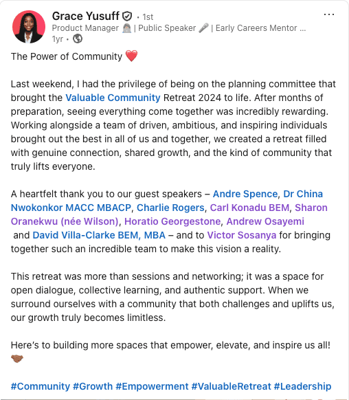 LinkedIn post summarising attendee highlights from The Valuable Retreat.