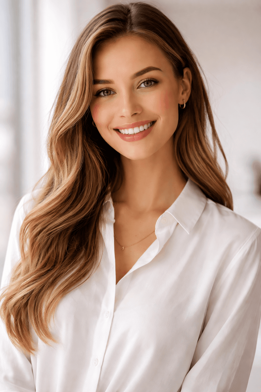 Portrait of a laughing person with curly hair wearing a white shirt