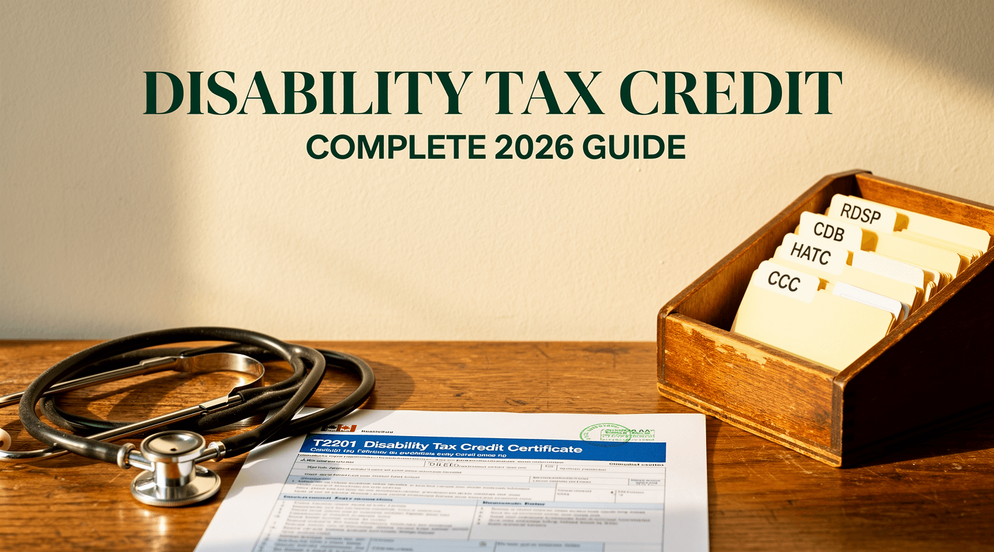 Editorial composition showing a folder of programs unlocked by DTC approval, with "Disability Tax Credit" overlaid in the upper third.