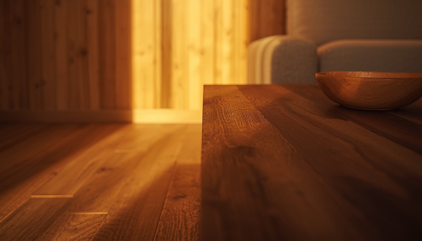 Low sunlight raking across an oak plank floor and a walnut side table beside a honey-toned veneer wall