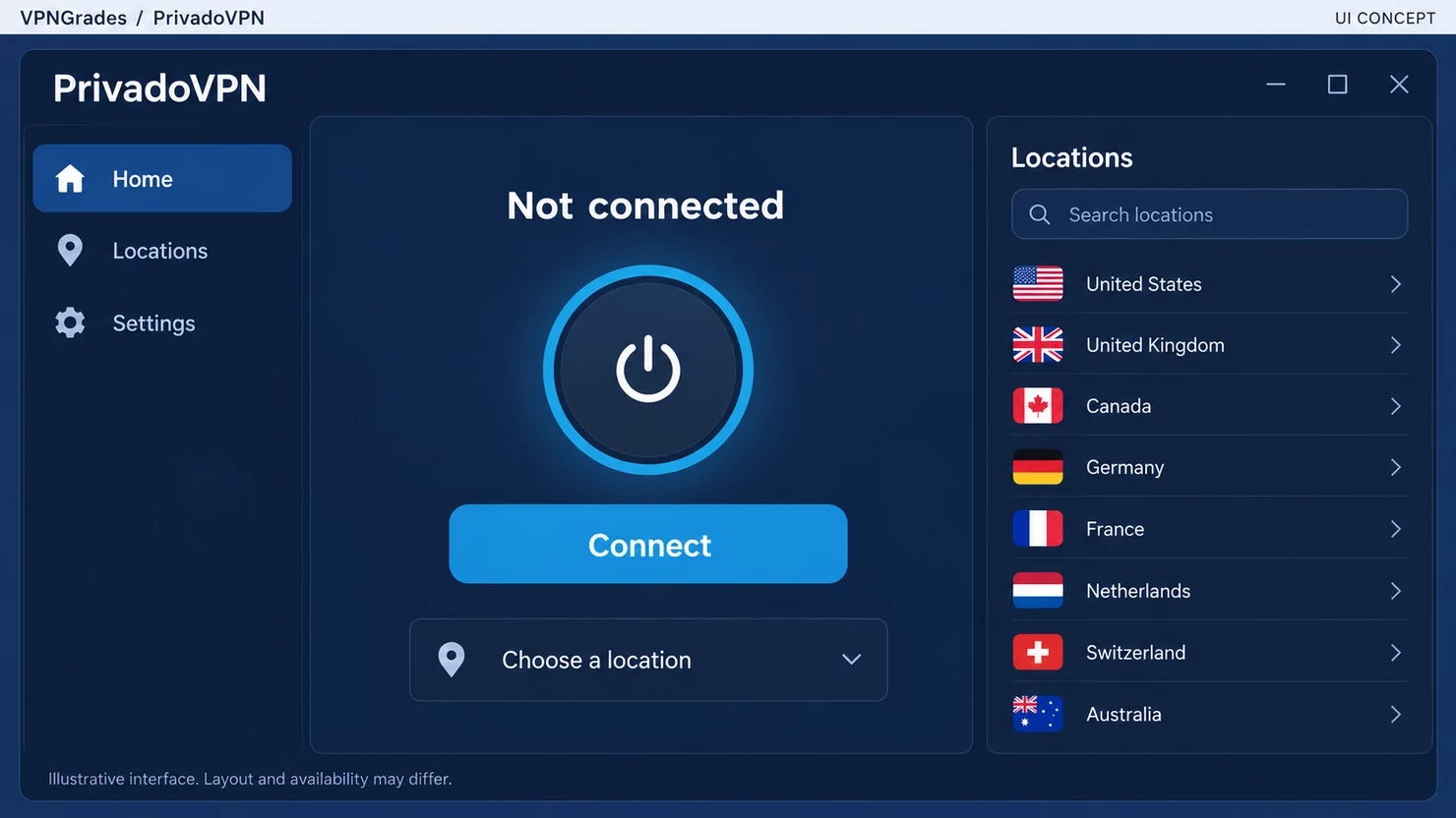 PrivadoVPN: a desktop connection interface (illustration).