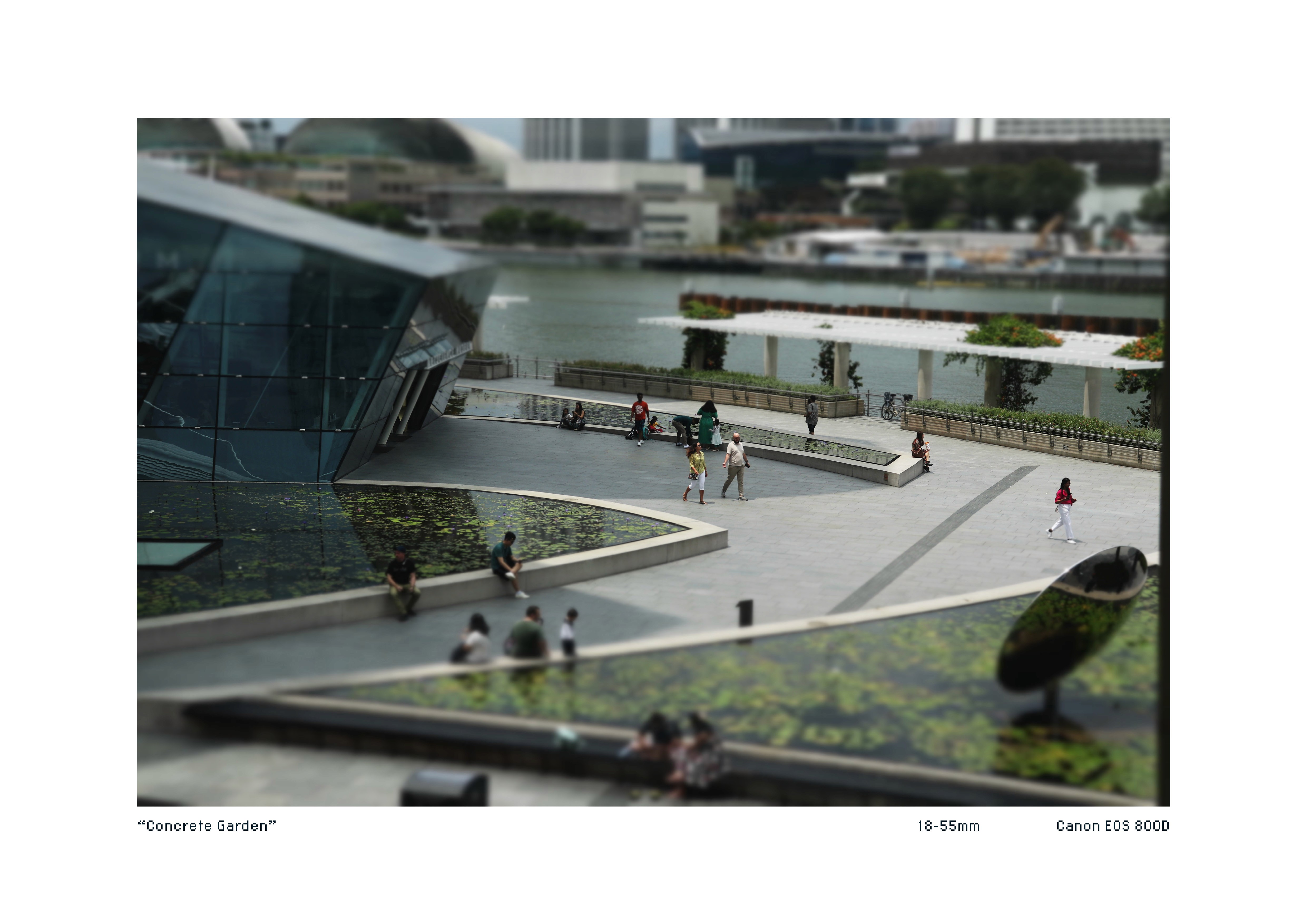 Tiltshift image of the walkway of the Art Science Museum in Singapore