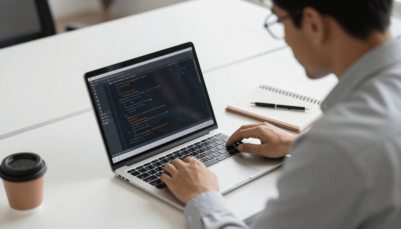 a startup founder or hiring manager reviewing a laptop displaying a developer profile