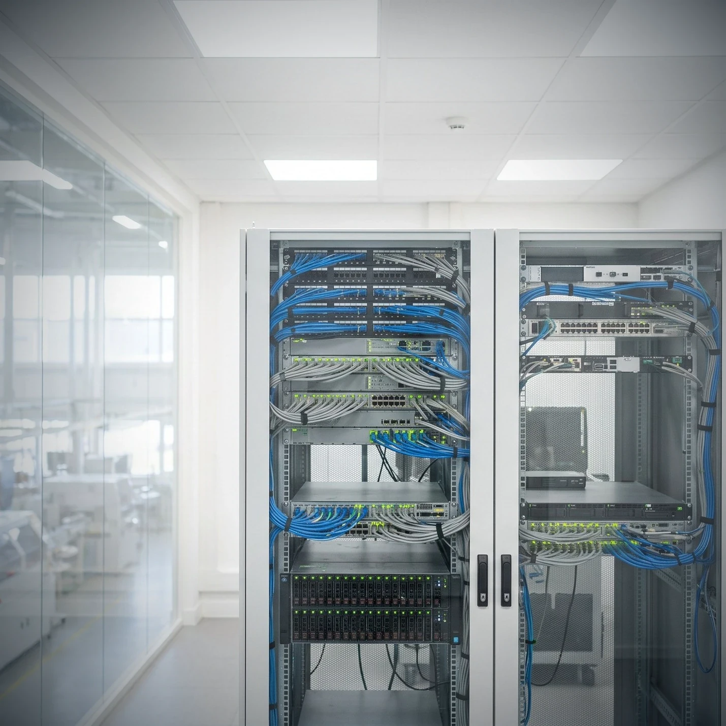 Clean server and network cabinets in a plant IT room with the floor visible beyond glass.