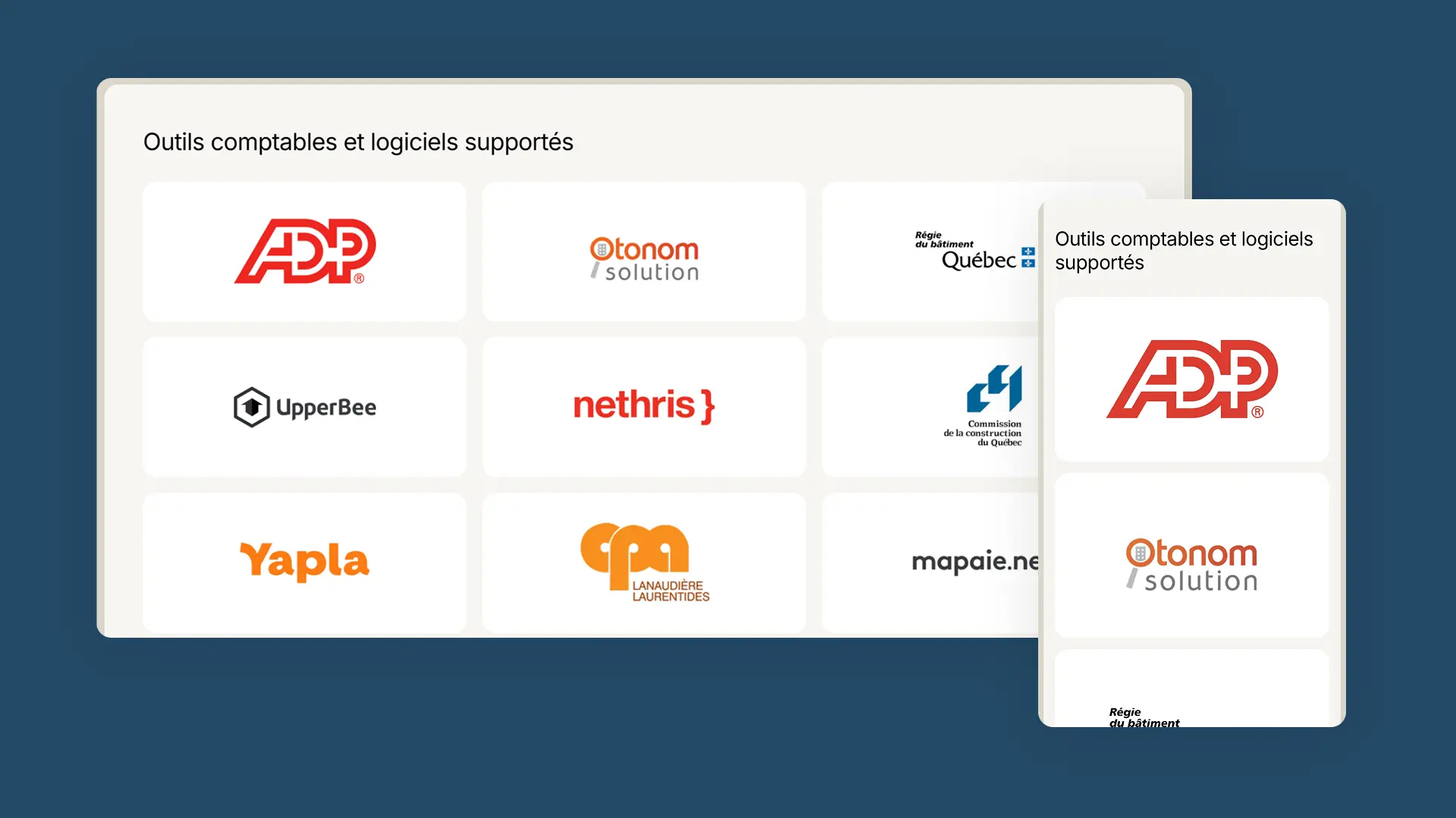 Section des outils comptables et logiciels supportés par Gestion BJM — ADP, Otonom Solution, UpperBee, Nethris, Yapla et autres partenaires
