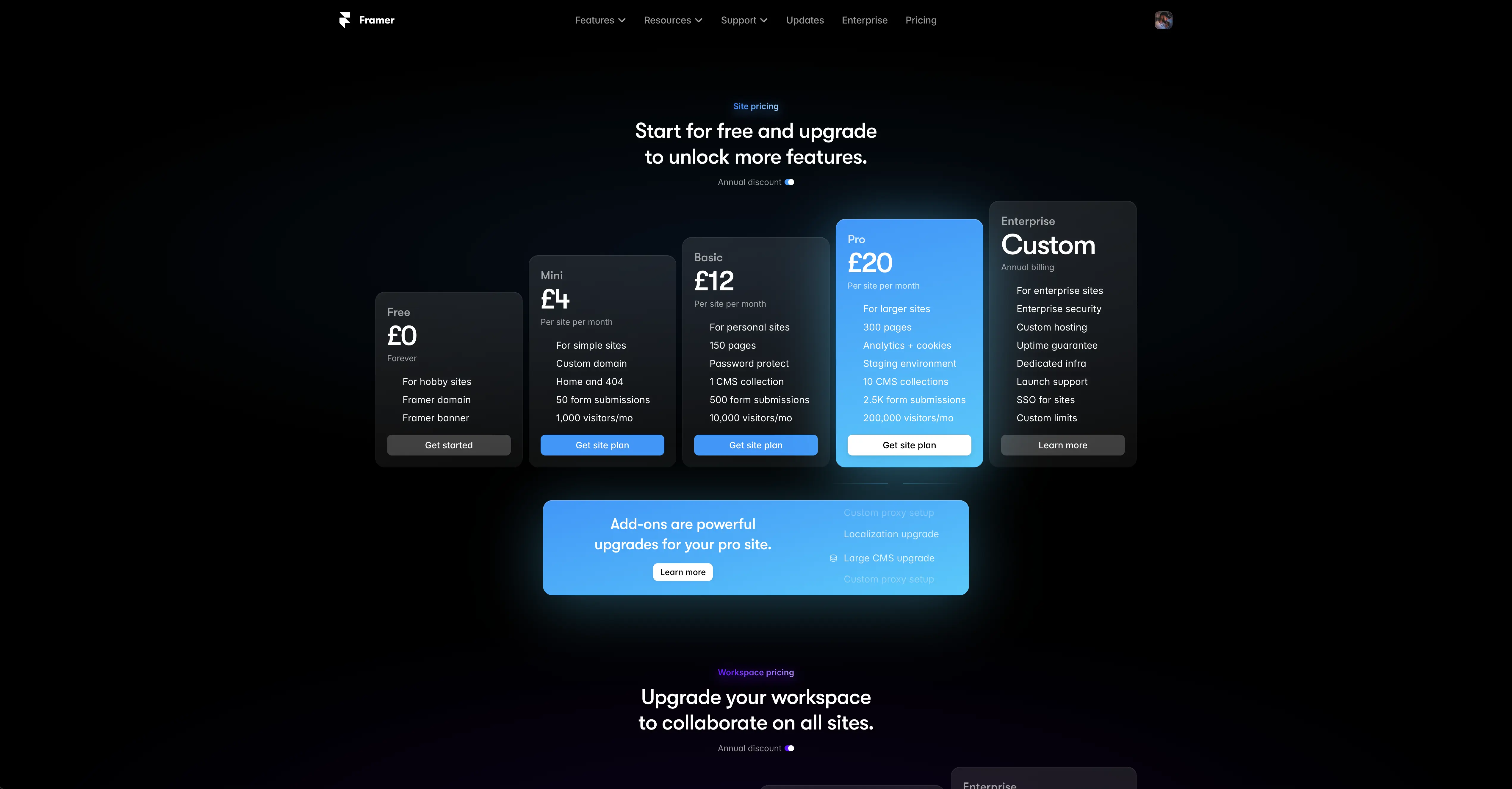 A screenshot of Framer pricing