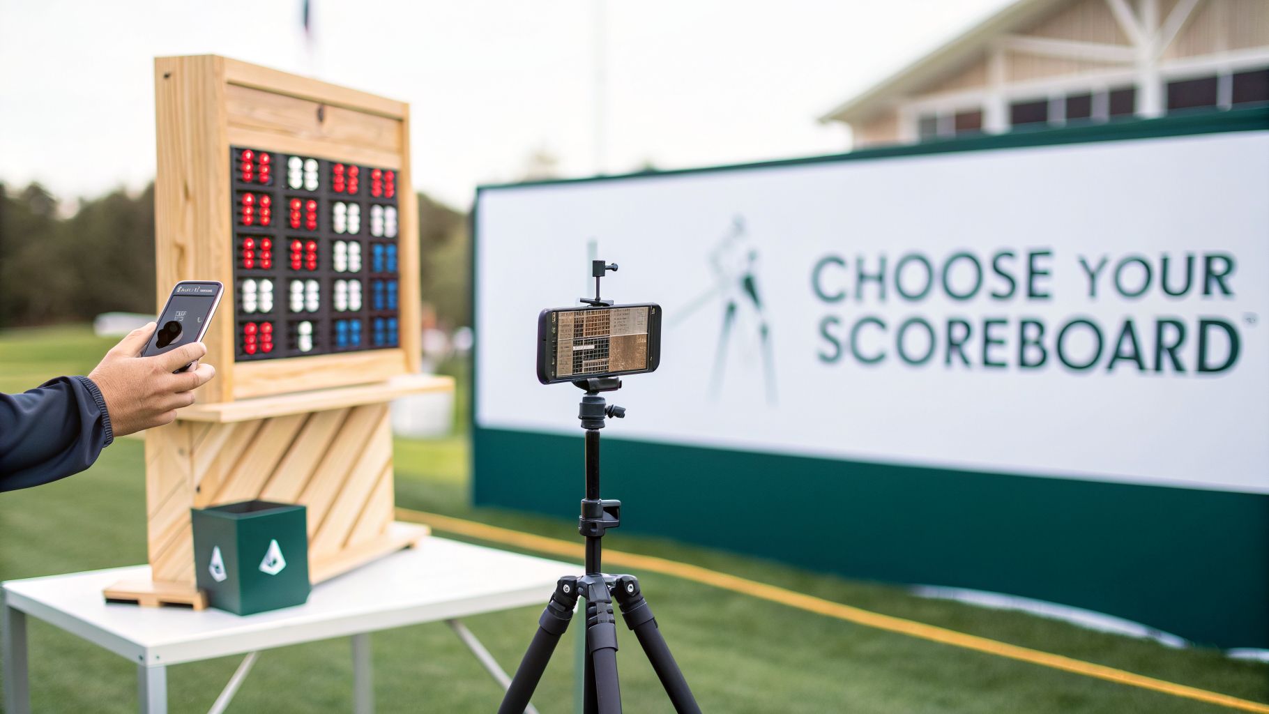 A person controls a custom LED scoreboard with a smartphone at an outdoor golf event.