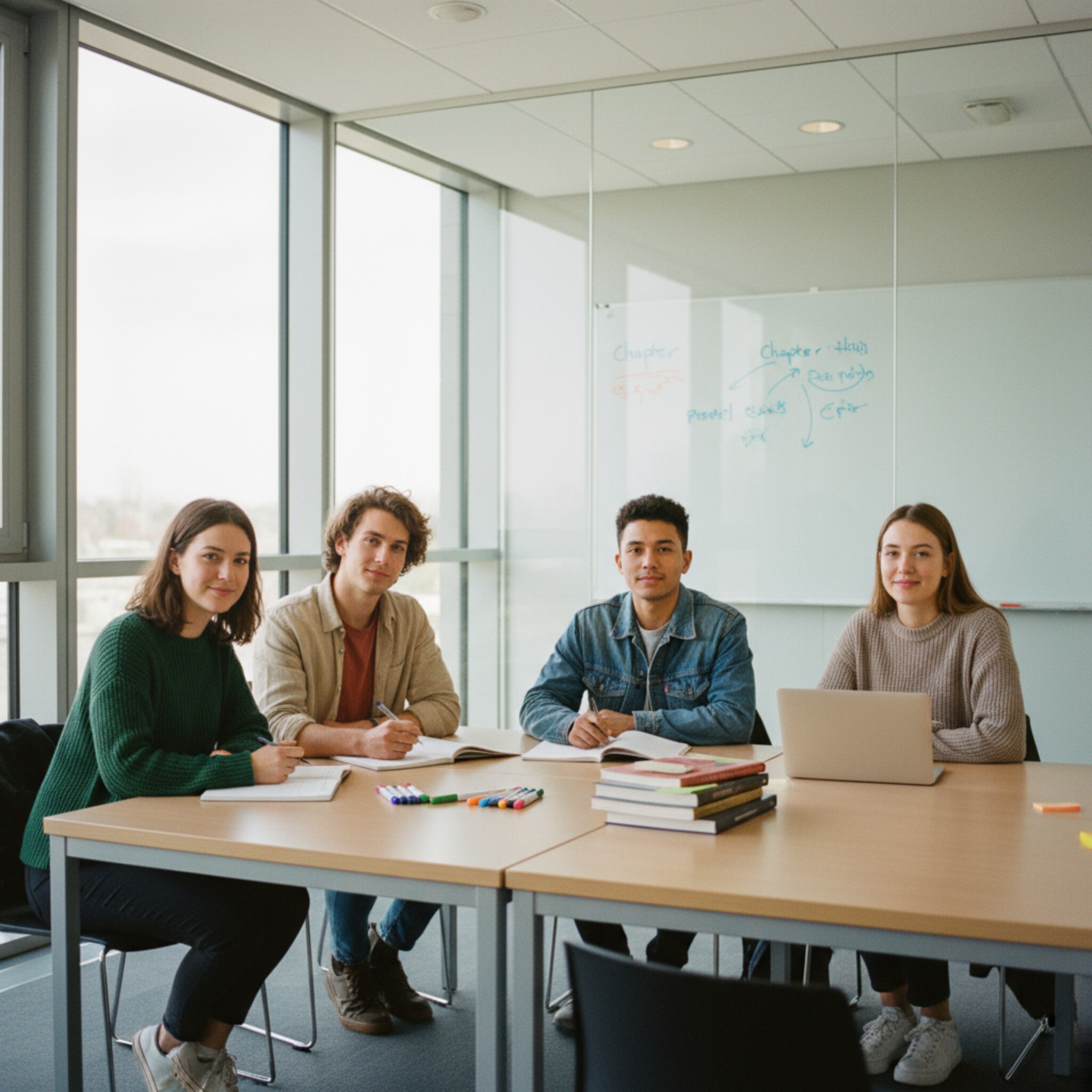 A bright meeting room with glass walls showcases a small group engaged in an intense discussion. Sketched chapter headings and arrows are displayed on a whiteboard, with colorful markers neatly lined up. Piles of handouts and reference books create a small island on the table. Someone is jotting down key points, while another person smiles approvingly.