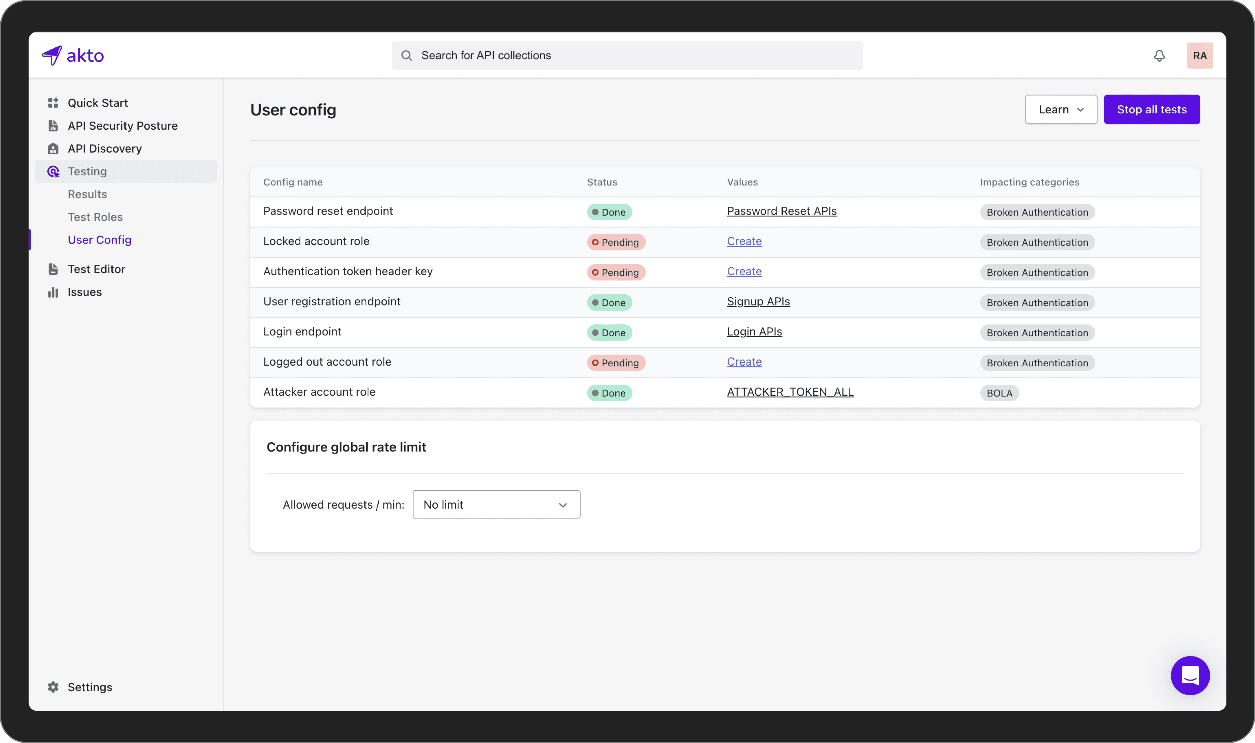 User configurations screen