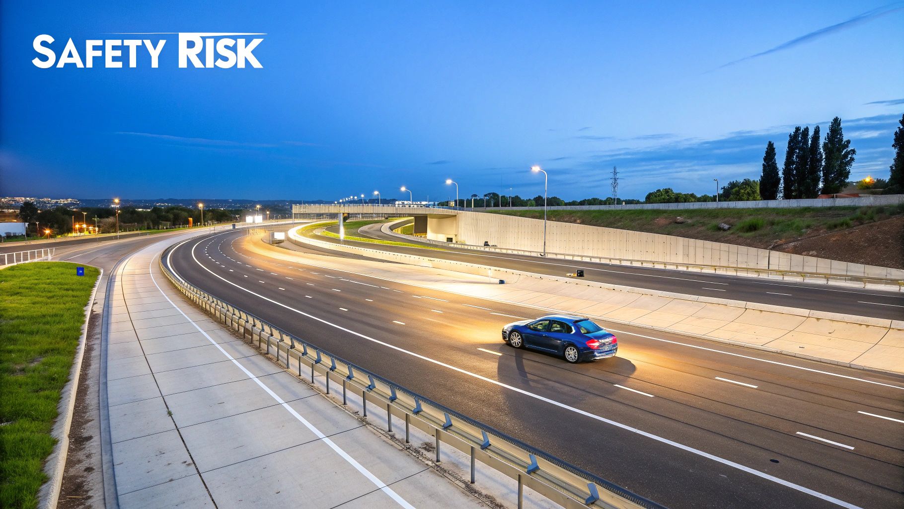 A blue car drives on a well-lit modern multi-lane highway at dusk, with 'SAFETY RISK' text overhead.
