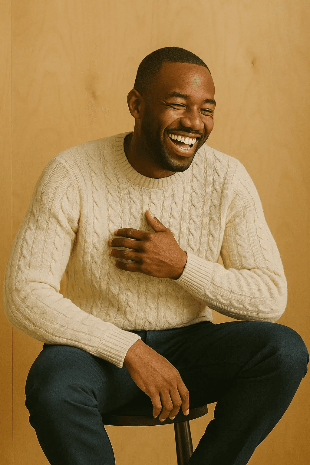 Smiling man wearing a cream sweater sitting against a wooden background.