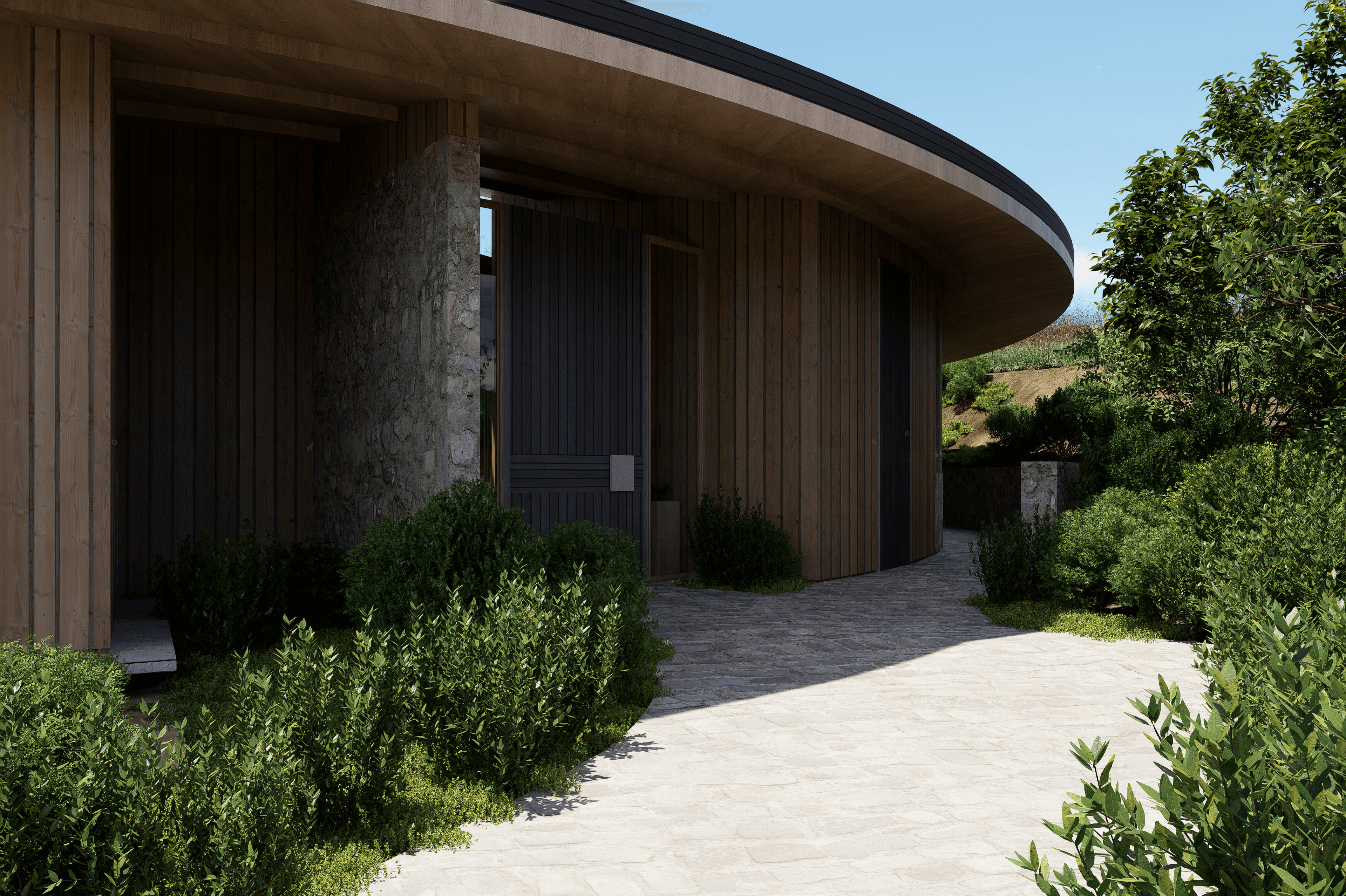 Mirador de Izki entry — stone-clad pier, timber soffit, native planting framing the approach.
