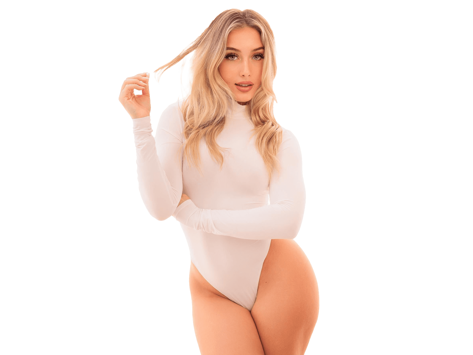 Pretty blond model in a white bodysuit