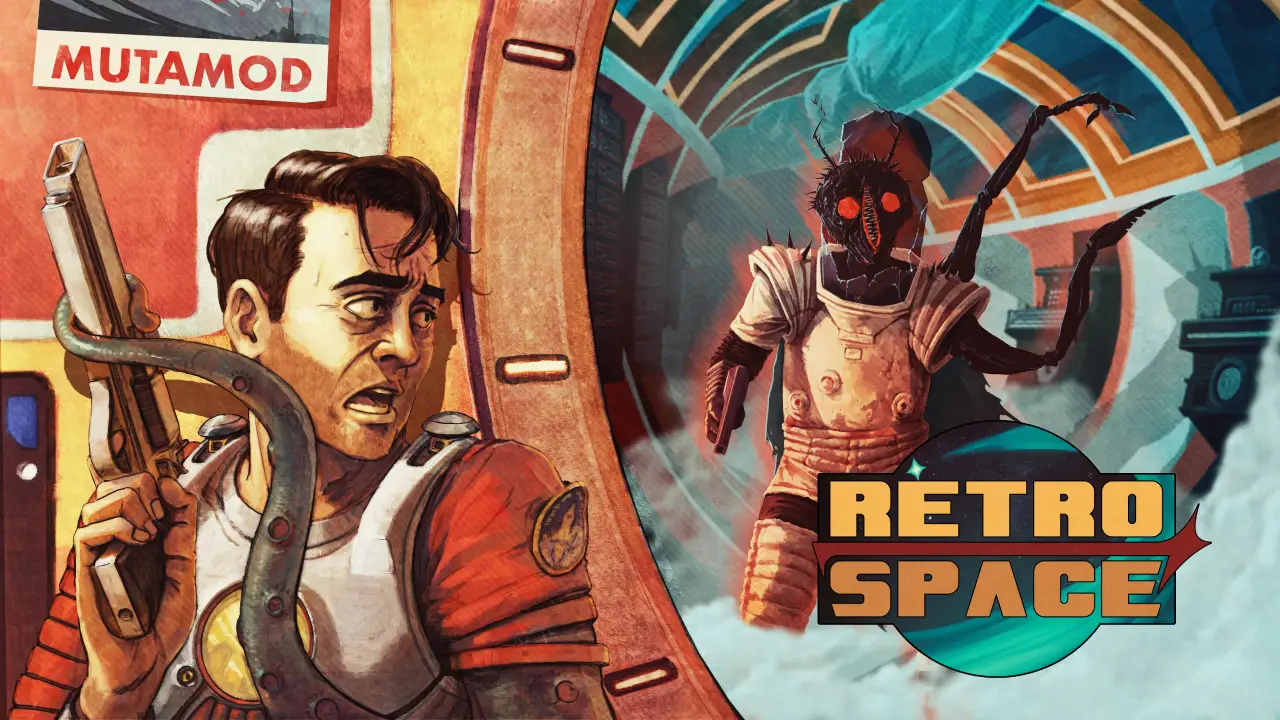 A retro-futuristic scene depicts a person in a vintage-style space suit holding a wrench and looking back in fear at a menacing, humanoid alien with glowing eyes, set against an industrial backdrop with the text "Retro Space" prominently displayed.