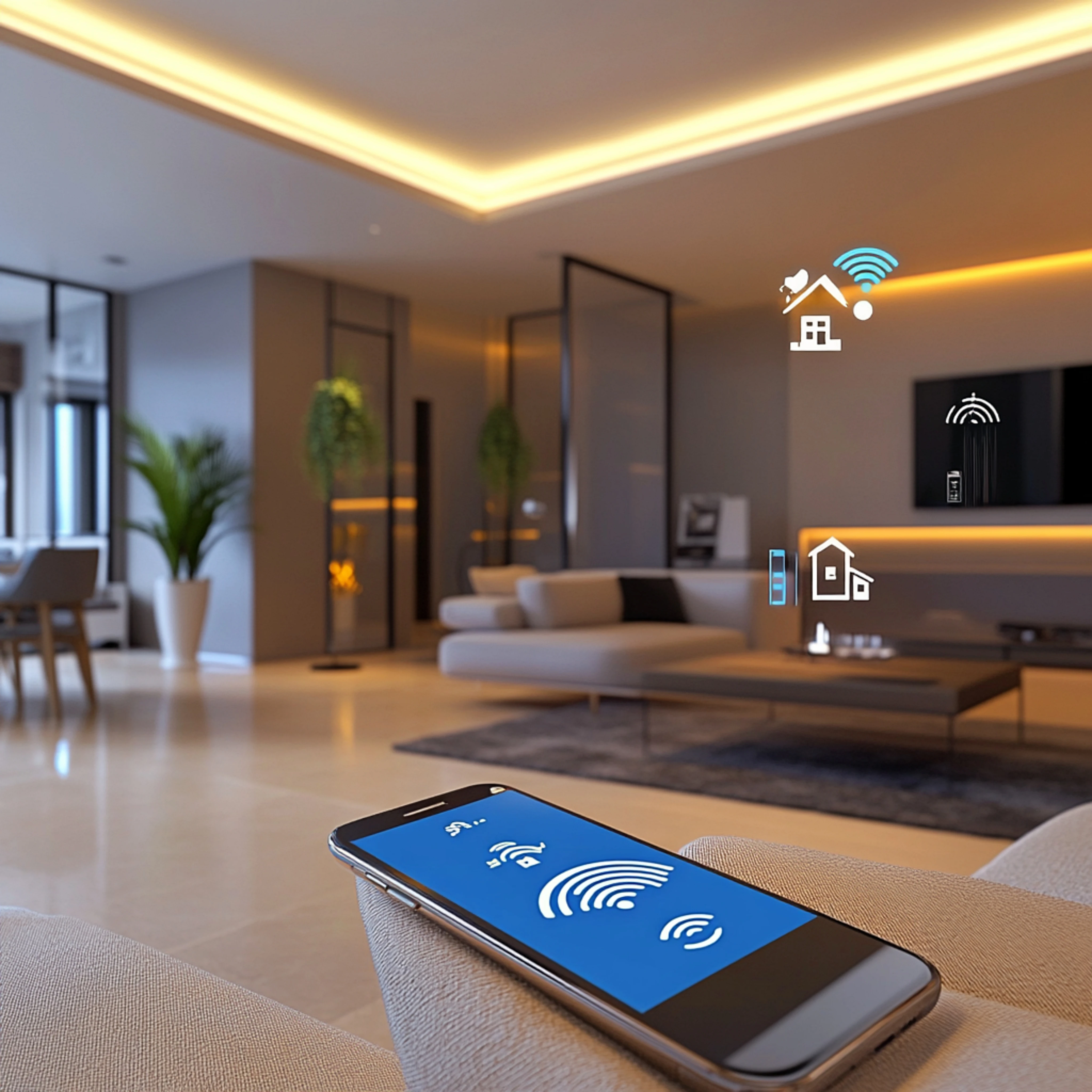 Smartphone with a smart home automation app interface resting on a couch in a luxury living room.