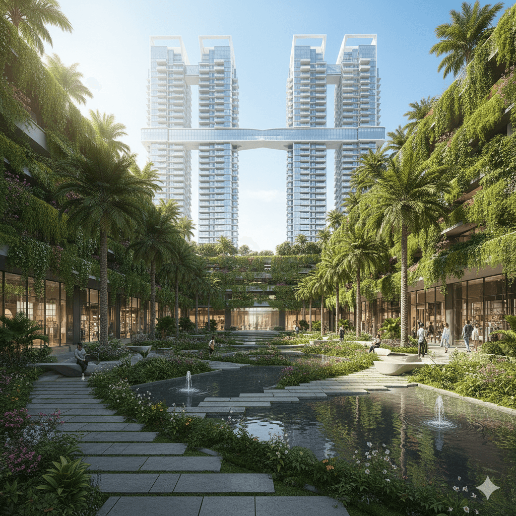 Lush green urban sanctuary with water features and tiered gardens, M3M Gurugram