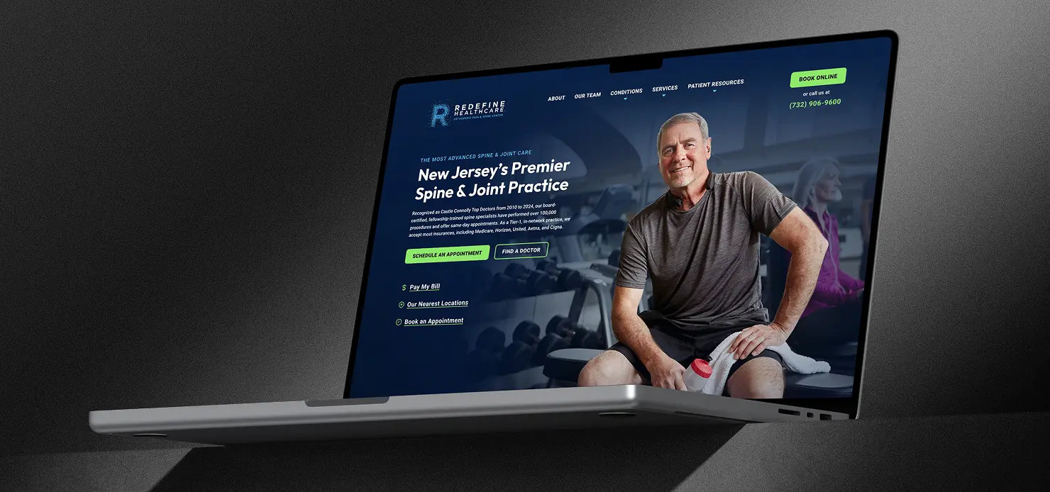 Website design for Redefine Healthcare displayed on a laptop — clean layout featuring a practitioner portrait
