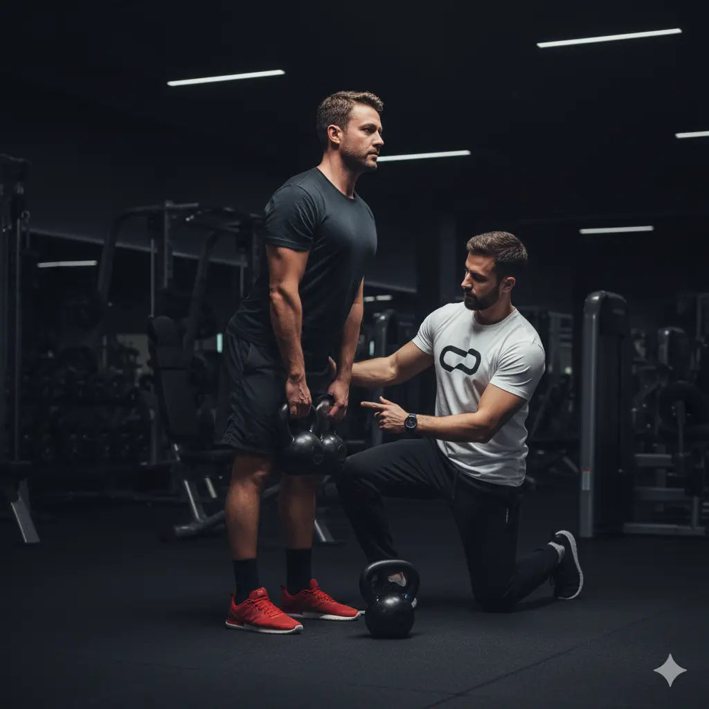 Palm trees frame a dramatic mountain valley landscape