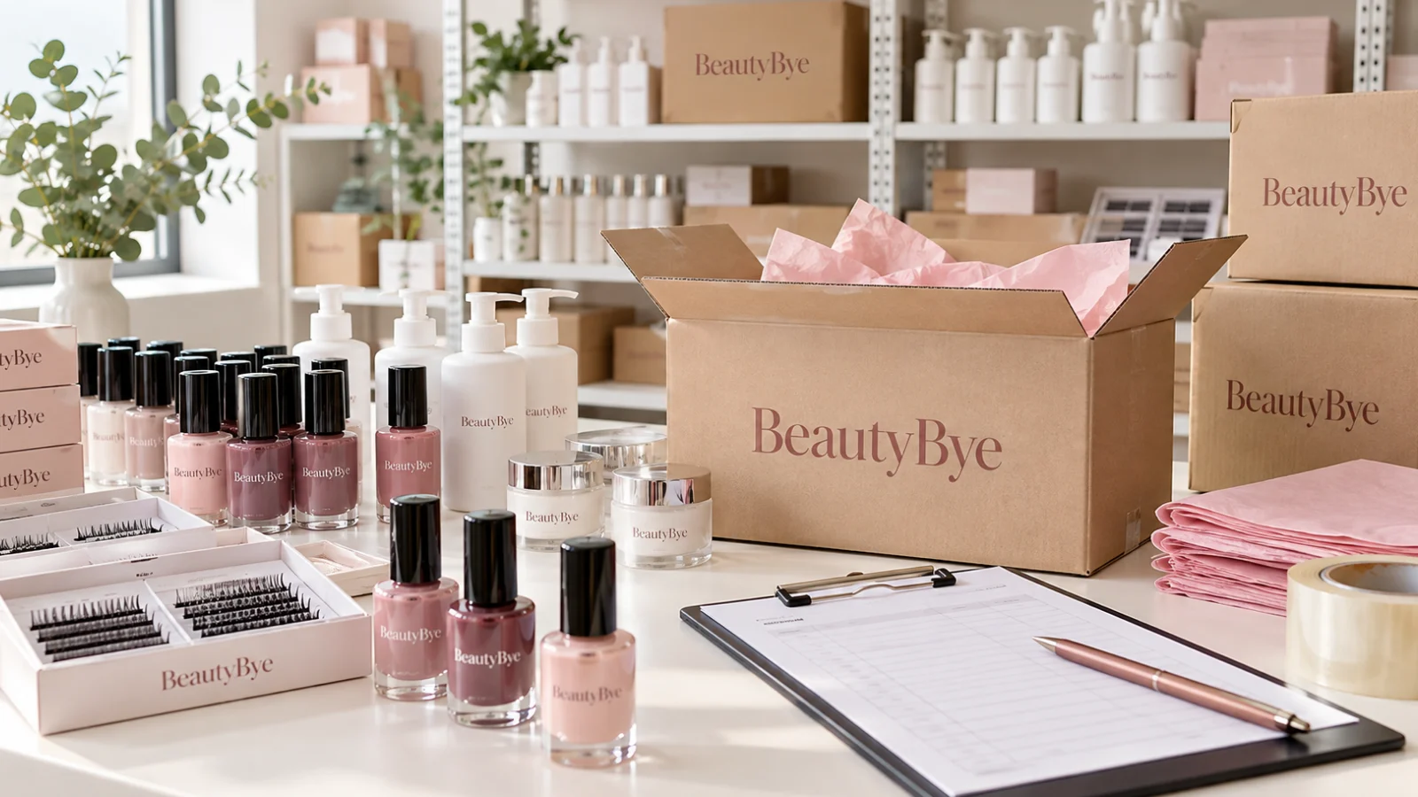 BeautyBye professional salon stock and packing boxes arranged for an inventory audit