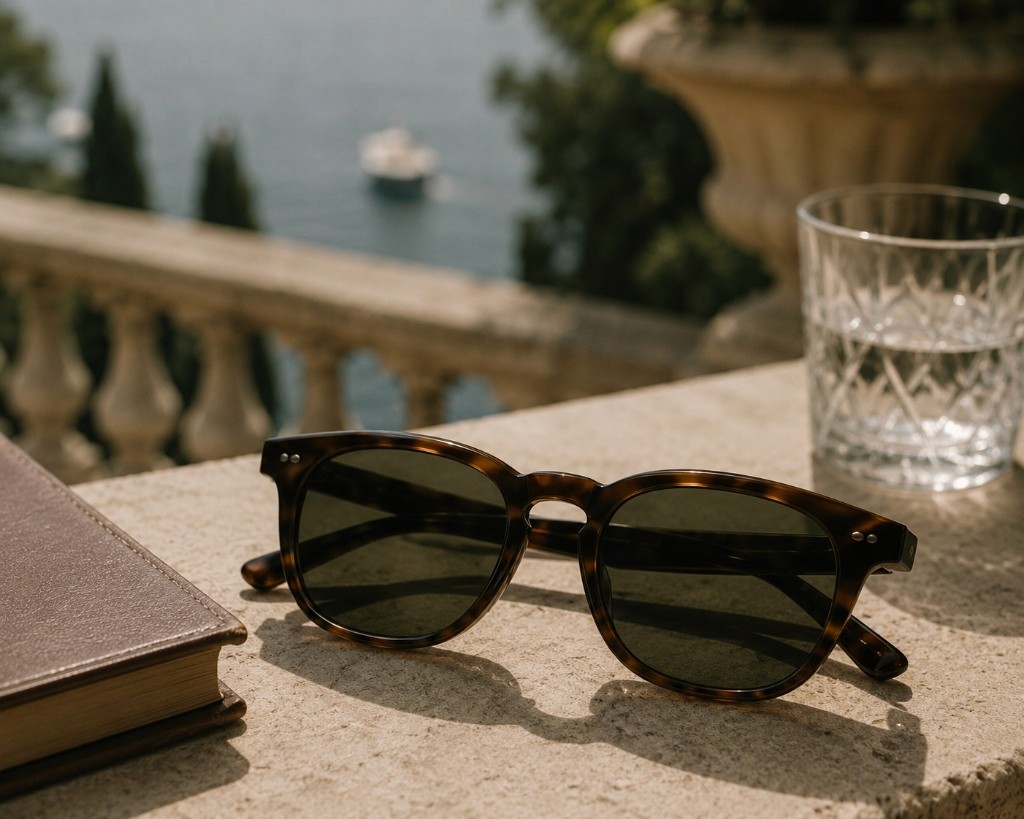 Close-up of classic men's tortoiseshell sunglasses with dark green lenses resting on a stone balcony ledge next to a leather-bound book and a crystal water glass, with a blurred Mediterranean resort view featuring the sea and a boat in the background.