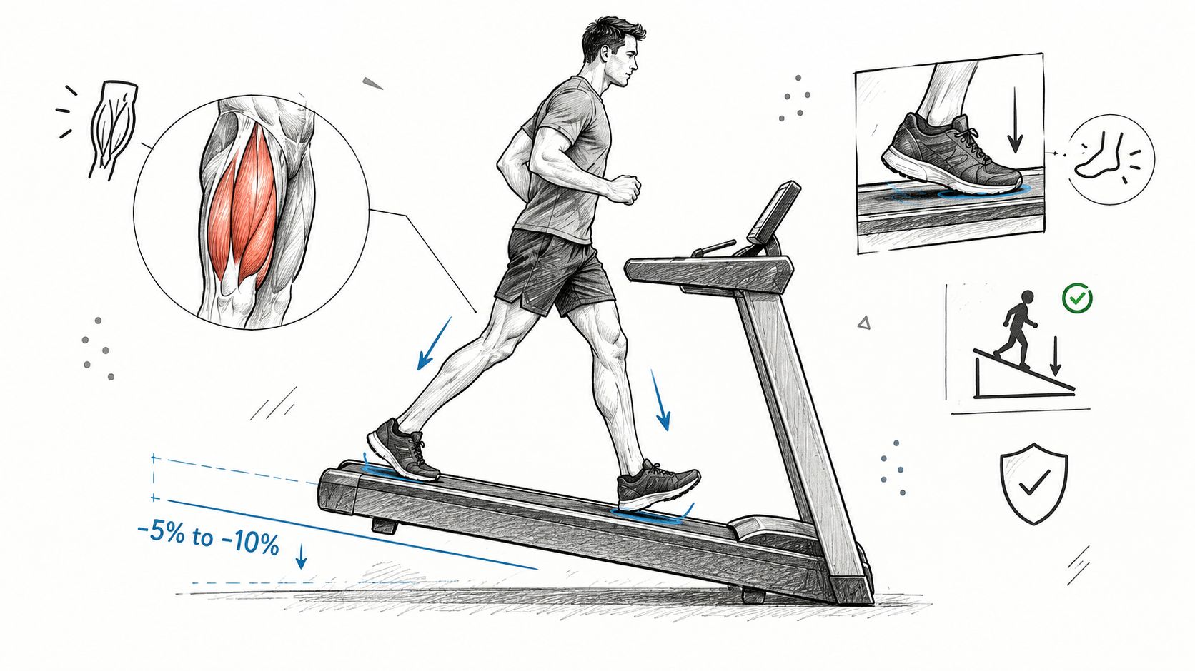 A man performing a decline treadmill workout to target leg muscles, illustrating fitness and exercise benefits.