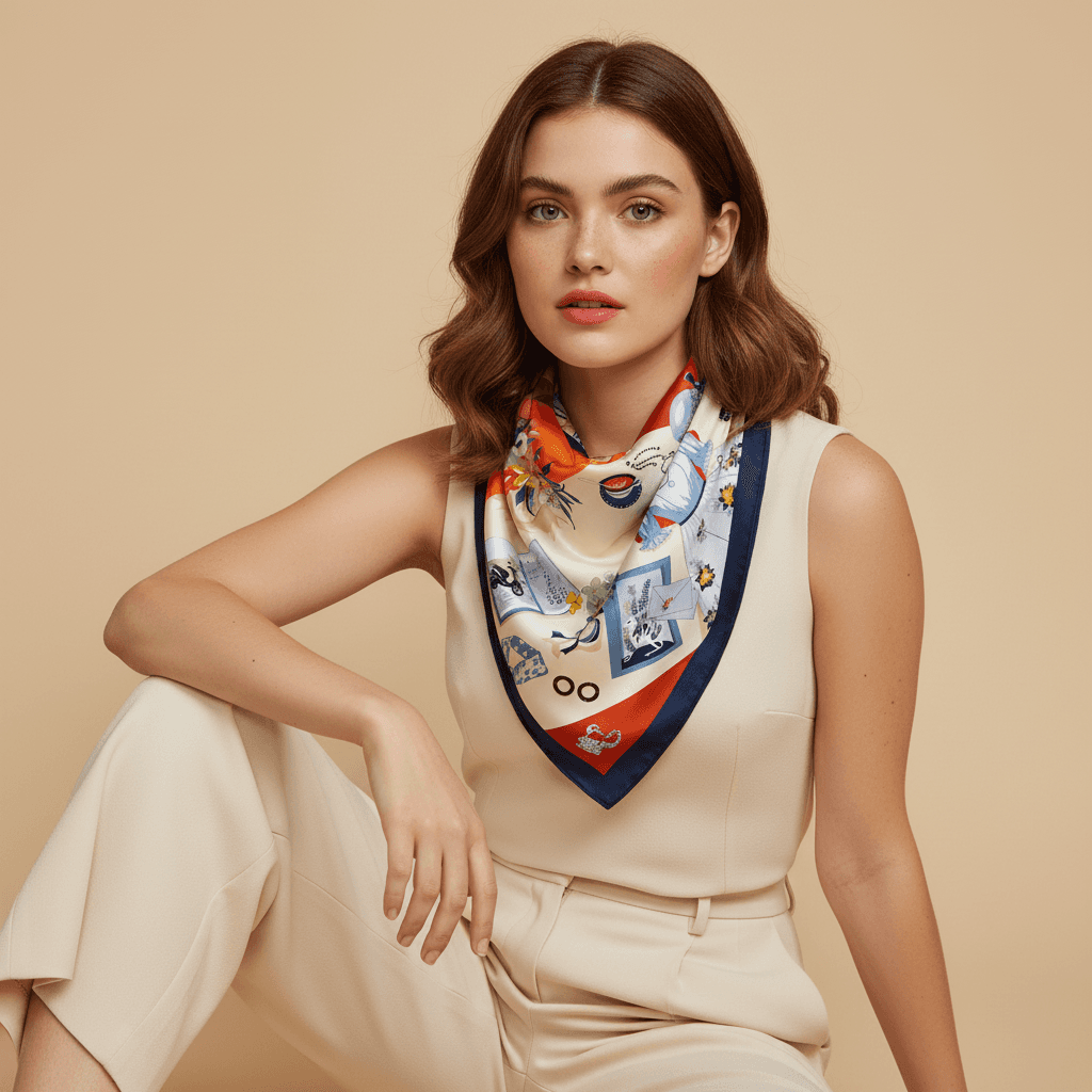 Foulard en soie pour femme – flat-lay boudoir d'été objets illustrés : fleurs, livre, robe, chapeau, collier et enveloppe, palette marine et orange