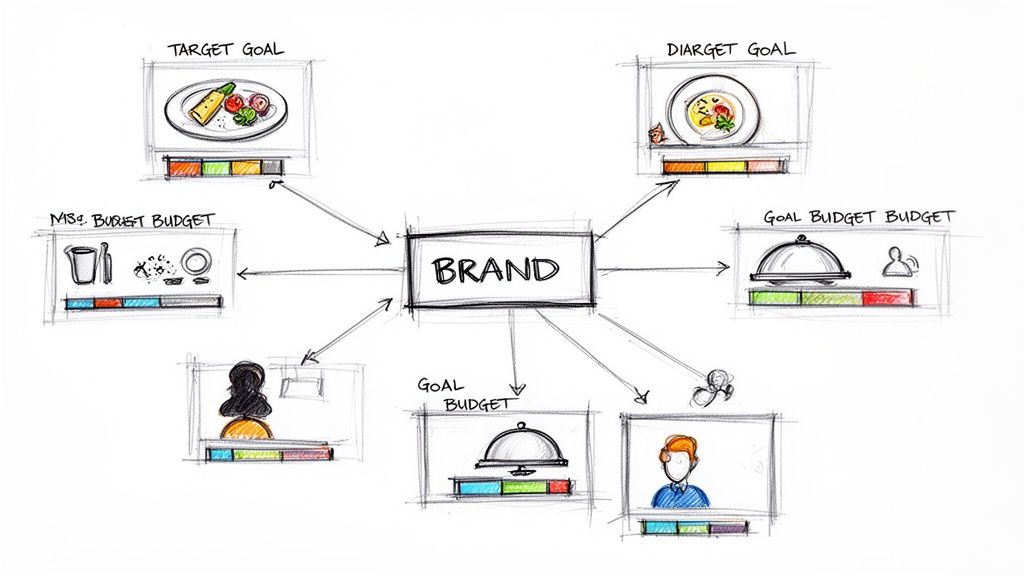 Hand-drawn diagram illustrating brand strategy, linking a central 'BRAND' to various goals and budget metrics.