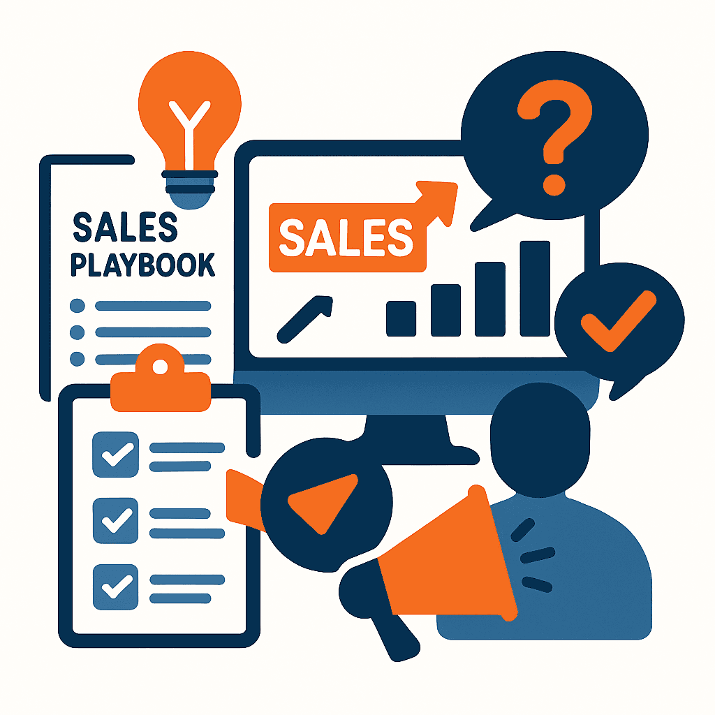 Flat-style illustration showing a sales playbook, checklist, computer with sales growth chart, question mark, checkmarks, and a person with a megaphone, representing sales training, scripts, and objection-handling frameworks.