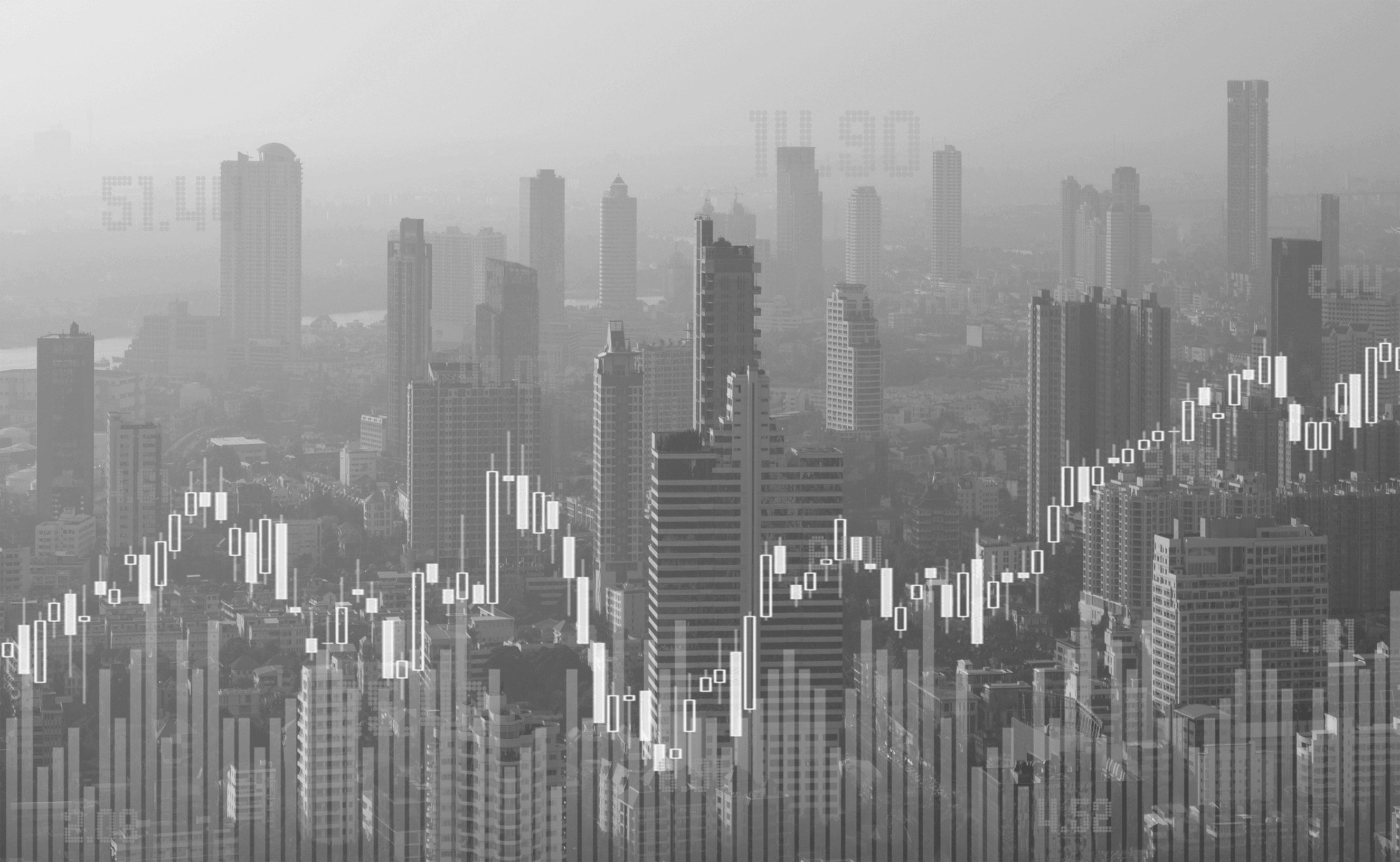 A grayscale image, edited by mixing graphics with buildings