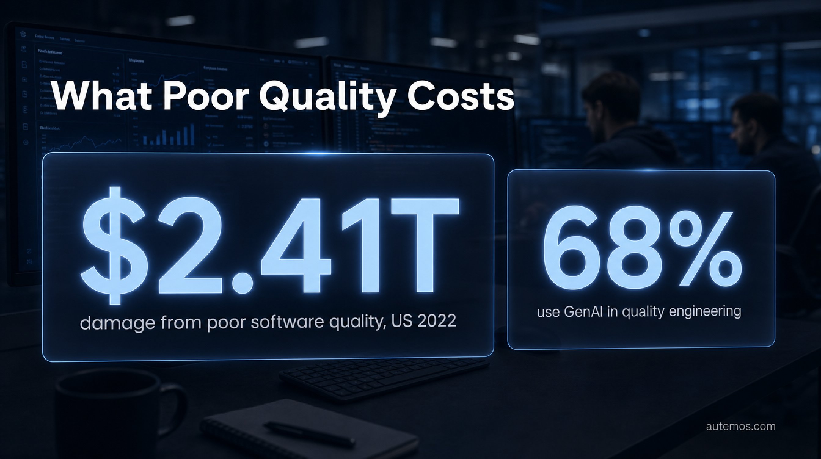 Statistic: $2.41 trillion in damage from poor software quality (US 2022); 68% use GenAI in quality engineering.
