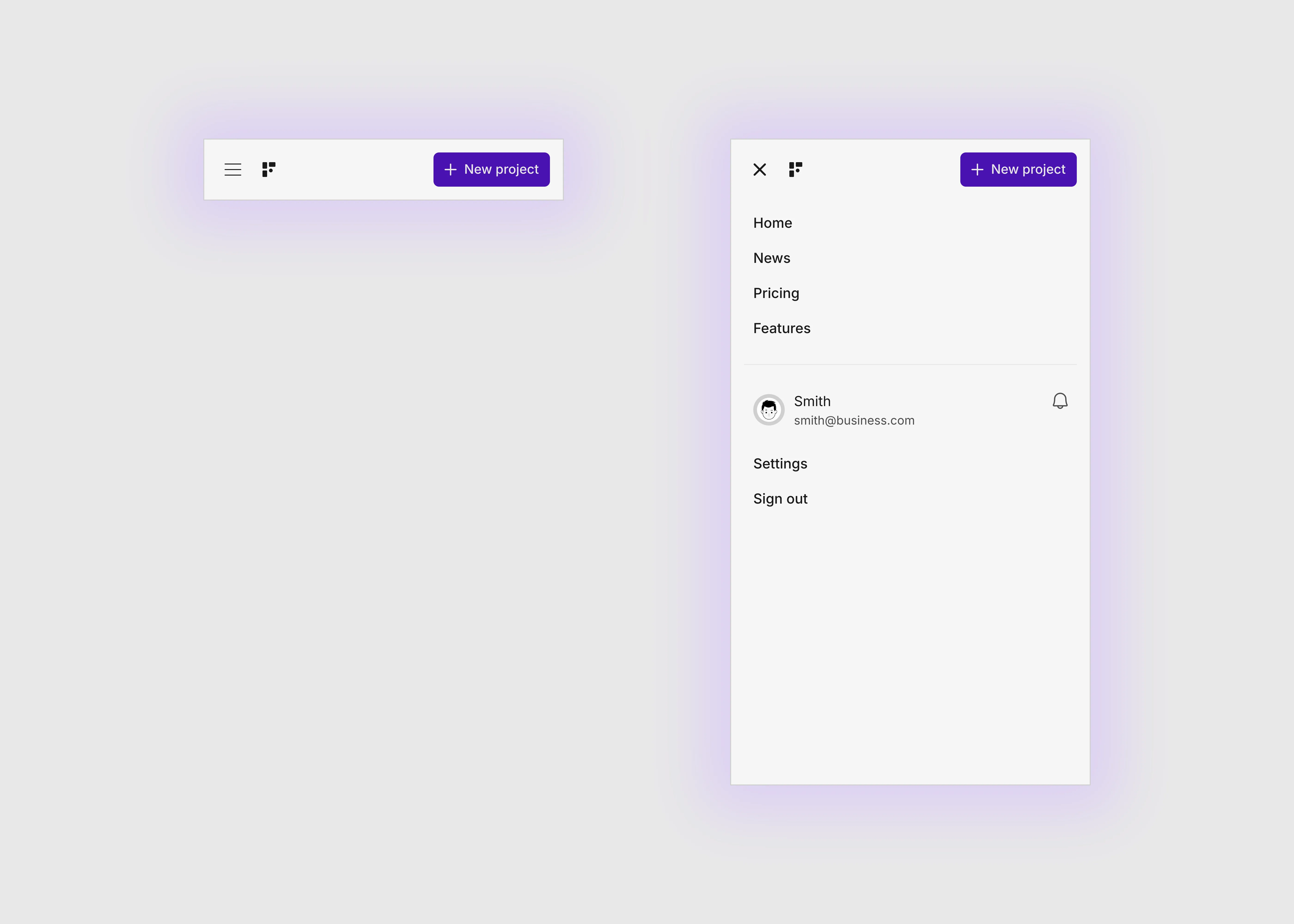 A light themed navigation bar with user buttons and navigation texts with brand logo. This image is for tablet and mobile screen sizes.