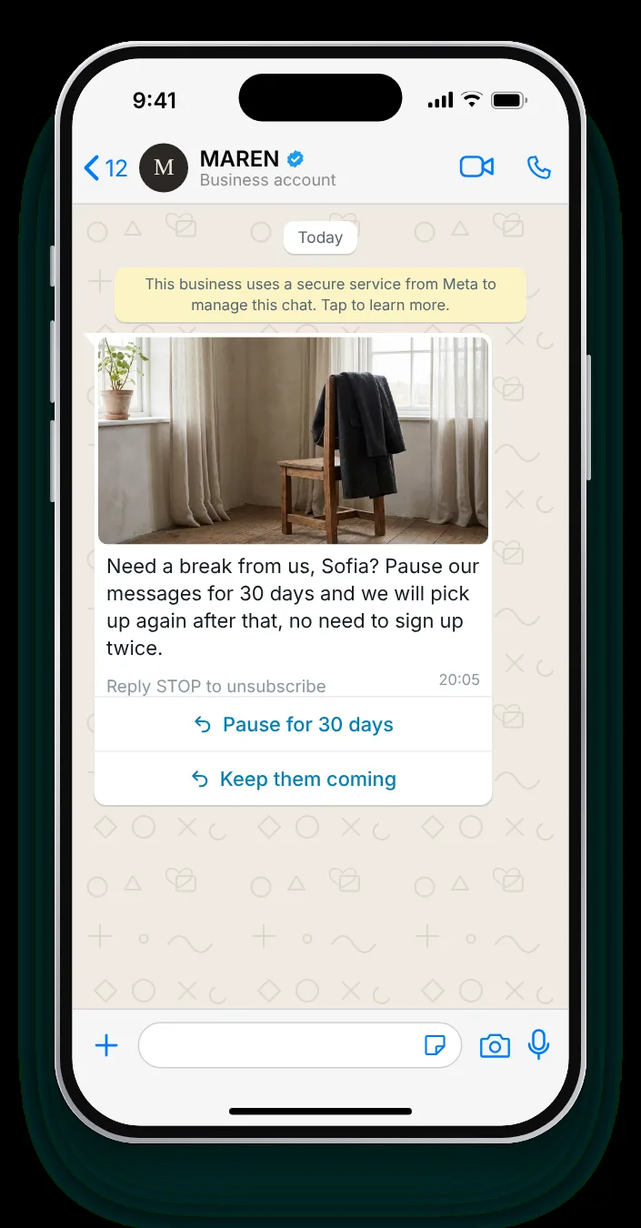 A month off instead of goodbye: WhatsApp re-engagement message on an iPhone