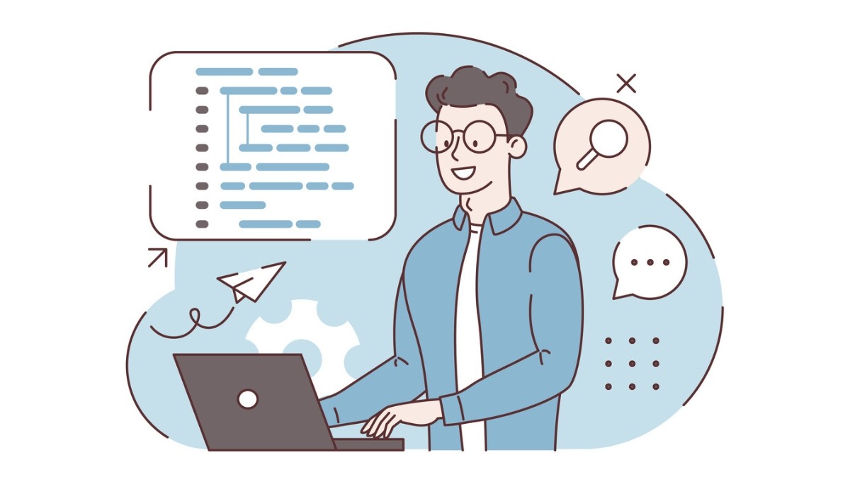 Illustration of a smiling developer working on a laptop, surrounded by icons for code, search, messaging, and settings—representing the concepts of Python versioning, semantic updates, and package management in software development.