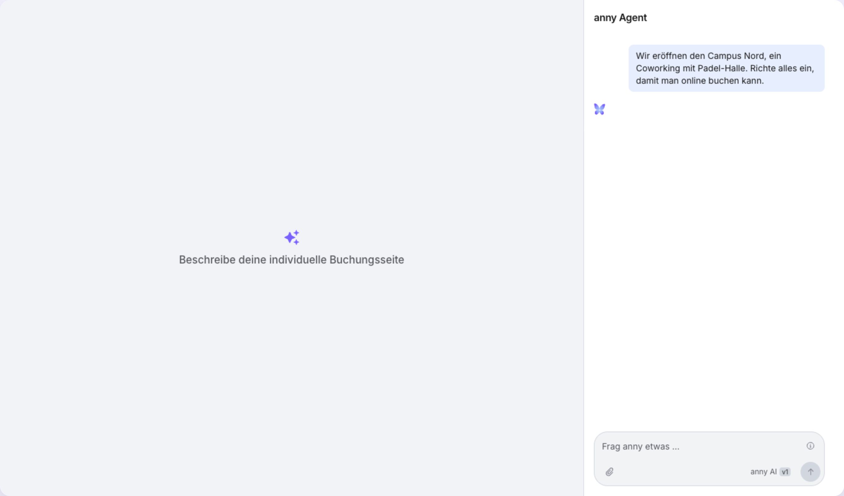 Chat mit dem anny Agent: die Bitte um eine Buchungsseite für den Campus Nord, daneben die noch leere Seite