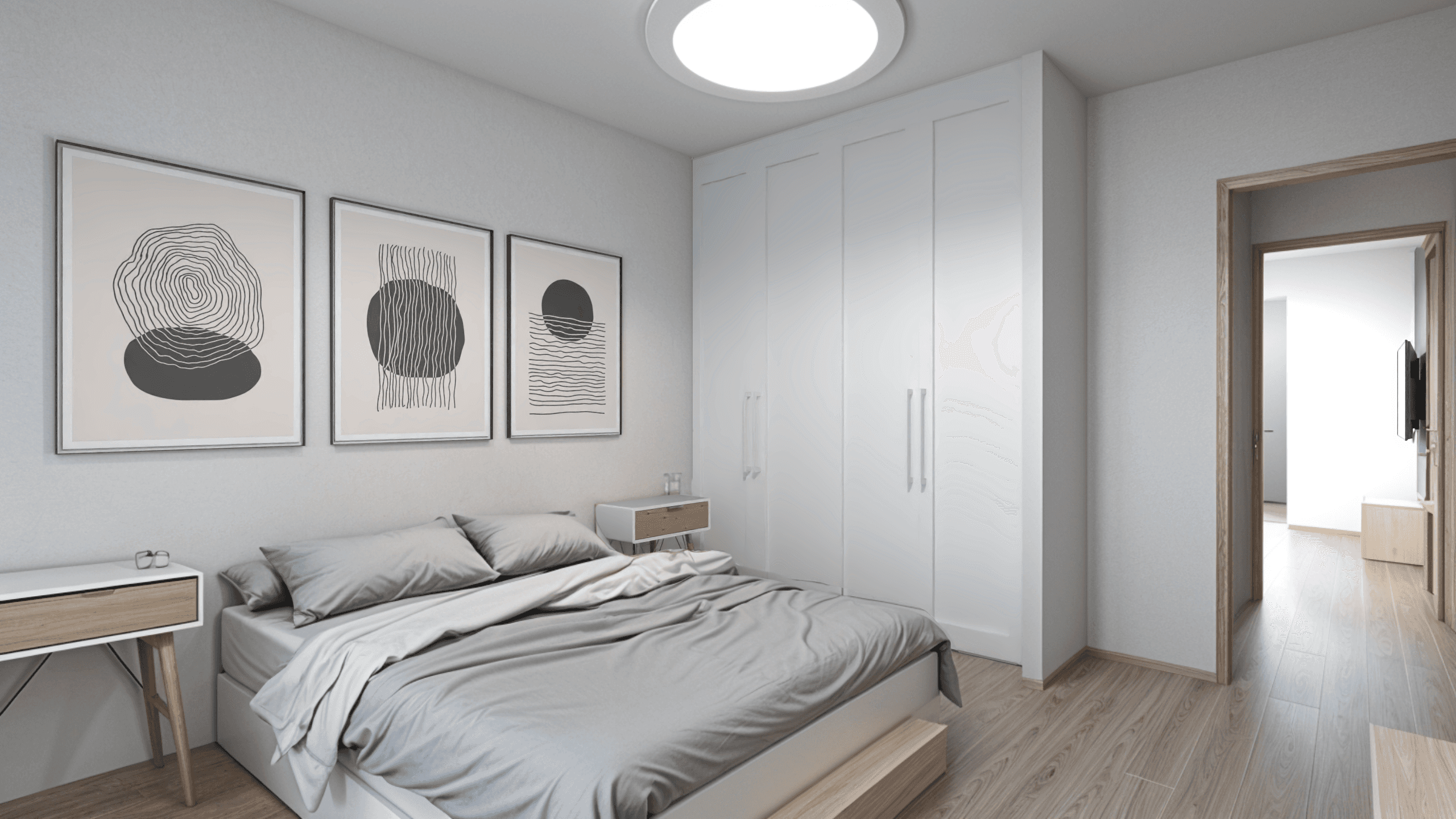 Cozy bedroom in a two-bedroom apartment with built-in closets, neutral tones, and minimalist artwork.