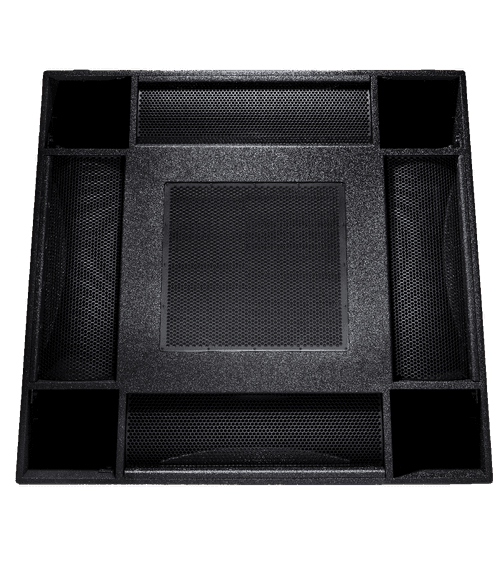 Black speaker cabinet with multiple grilles