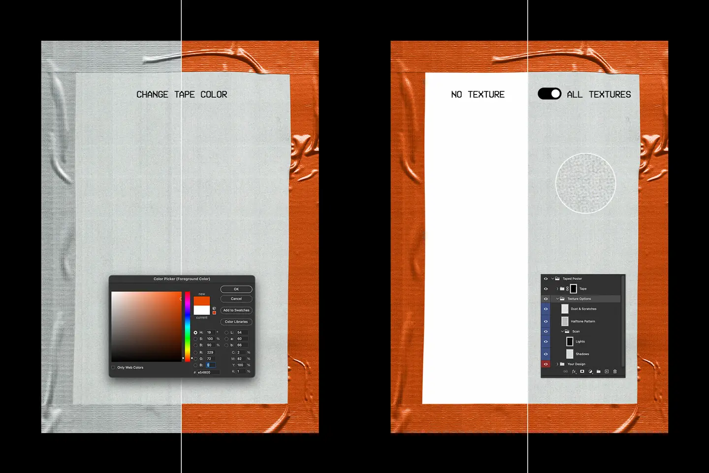 Raw taped poster mockup Photoshop controls for tape color and texture settings