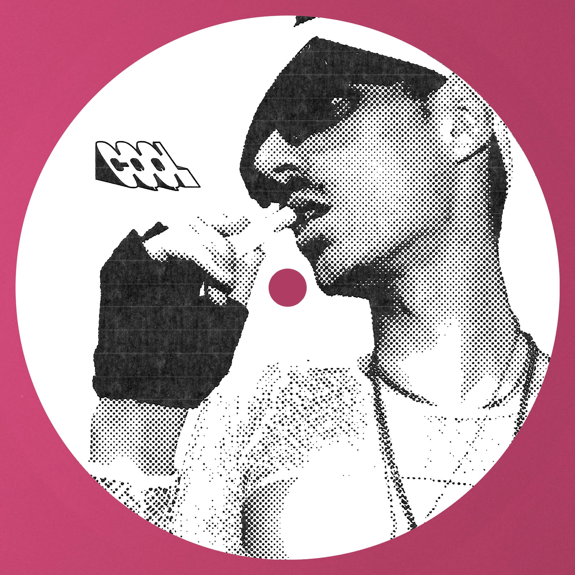 Black and white illustration of a person with on a pink background