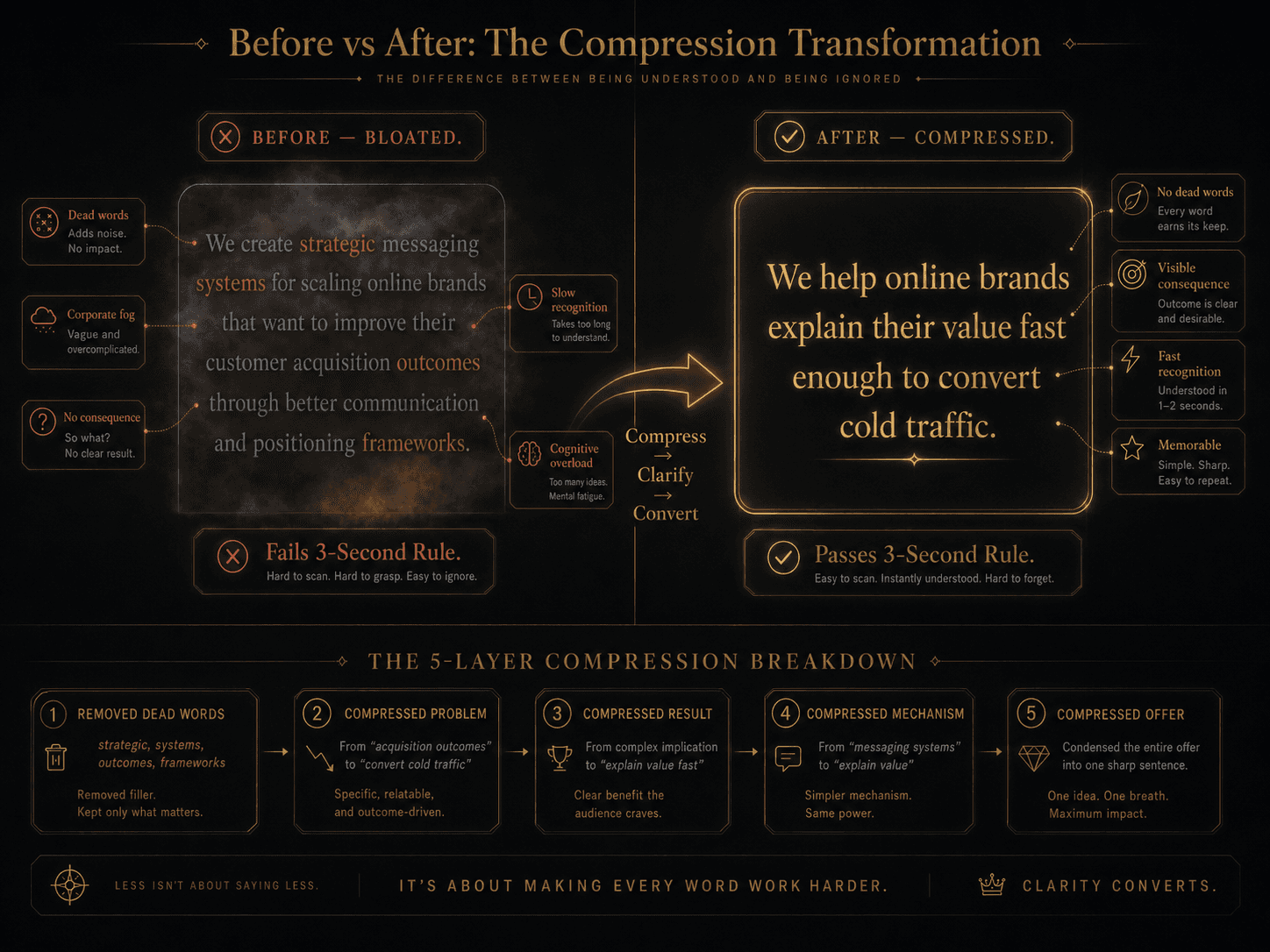 “Before vs After: The Compression Transformation” Concept: A split-screen comparison showing a complete offer compression transformation.  Left side (Before — Bloated):  Statement: “We create strategic messaging systems for scaling online brands that want to improve their customer acquisition outcomes through better communication and positioning frameworks.”  Diagnostic markers: “Dead words,” “Corporate fog,” “No consequence,” “Slow recognition,” “Cognitive overload.”  Score: “Fails 3-Second Rule.”  Desaturated grey/red tone, tangled, heavy.  Right side (After — Compressed):  Statement: “We help online brands explain their value fast enough to convert cold traffic.”  Diagnostic markers: “No dead words,” “Visible consequence,” “Fast recognition,” “Memorable,” “Passes 3-Second Rule.”  Score: “Instantly understandable.”  Warm gold/amber glow, sharp, crystalline, light.  A curved arrow connects left to right with the word: “Compress → Clarify → Convert.”  Below, the 5-layer breakdown of the transformation: Layer 1: Removed dead words (strategic, systems, outcomes, frameworks) Layer 2: Compressed problem (from “acquisition outcomes” to “convert cold traffic”) Layer 3: Compressed result (implied: “explain value fast”) Layer 4: Compressed mechanism (removed “messaging systems” → “explain value”) Layer 5: Compressed entire offer into one sharp sentence  Style: Clean, editorial. Dark background. Left side: desaturated grey-red, soft blur, heavy. Right side: warm gold, sharp, volumetric light, light. The contrast is stark.  Interaction: Hovering the left side reveals each diagnostic failure in detail. Hovering the right side reveals how each failure was fixed using the 5-layer system. Clicking the right side expands 3 alternative compressed versions of the same offer.
