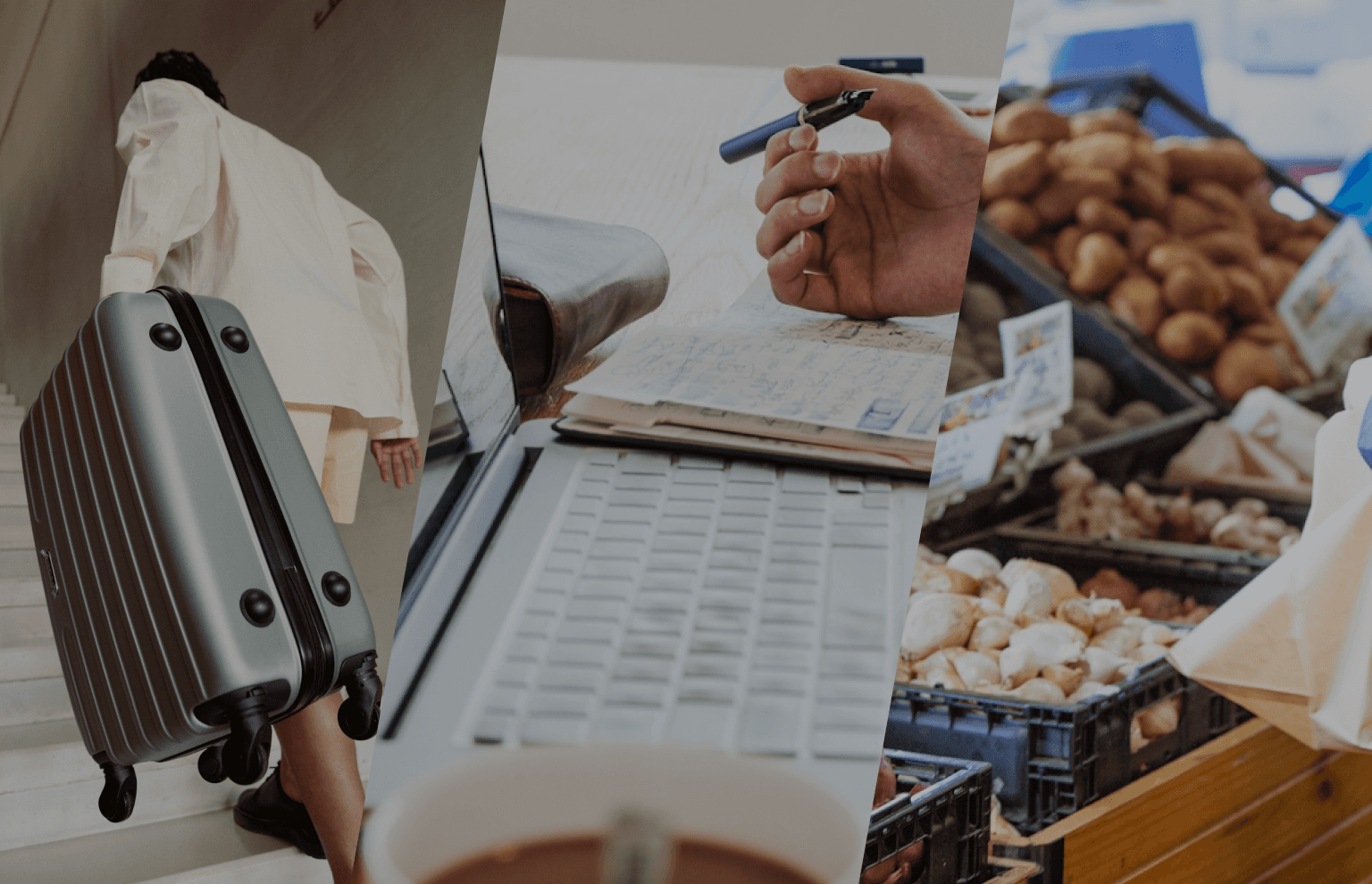 A collage of various elements related to grocery shopping and food preparation, including a hand writing on a paper, a suitcase or luggage, and different types of produce such as potatoes and onions.