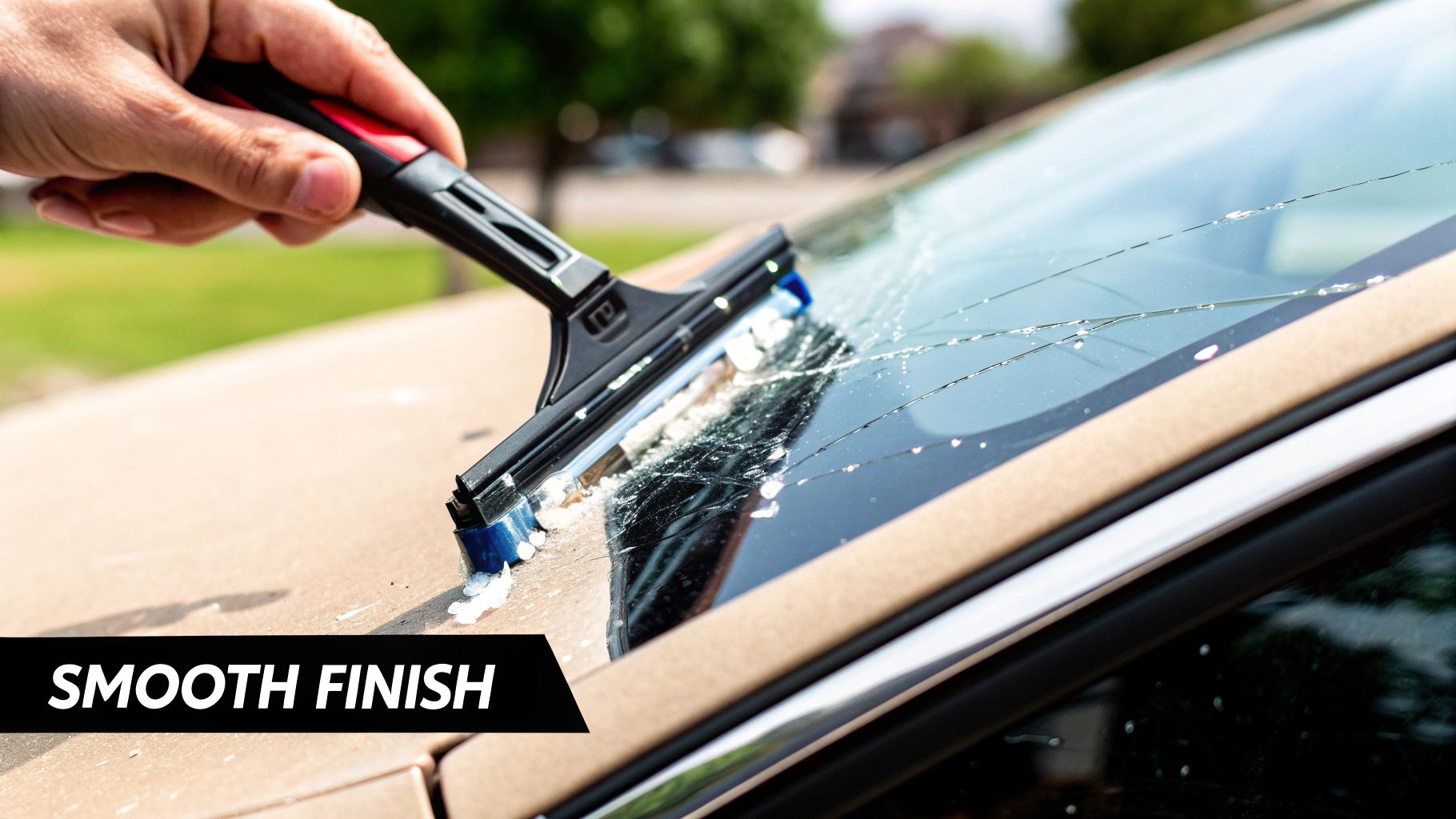 A hand uses a squeegee tool to apply repair resin to a long cracked car windshield.