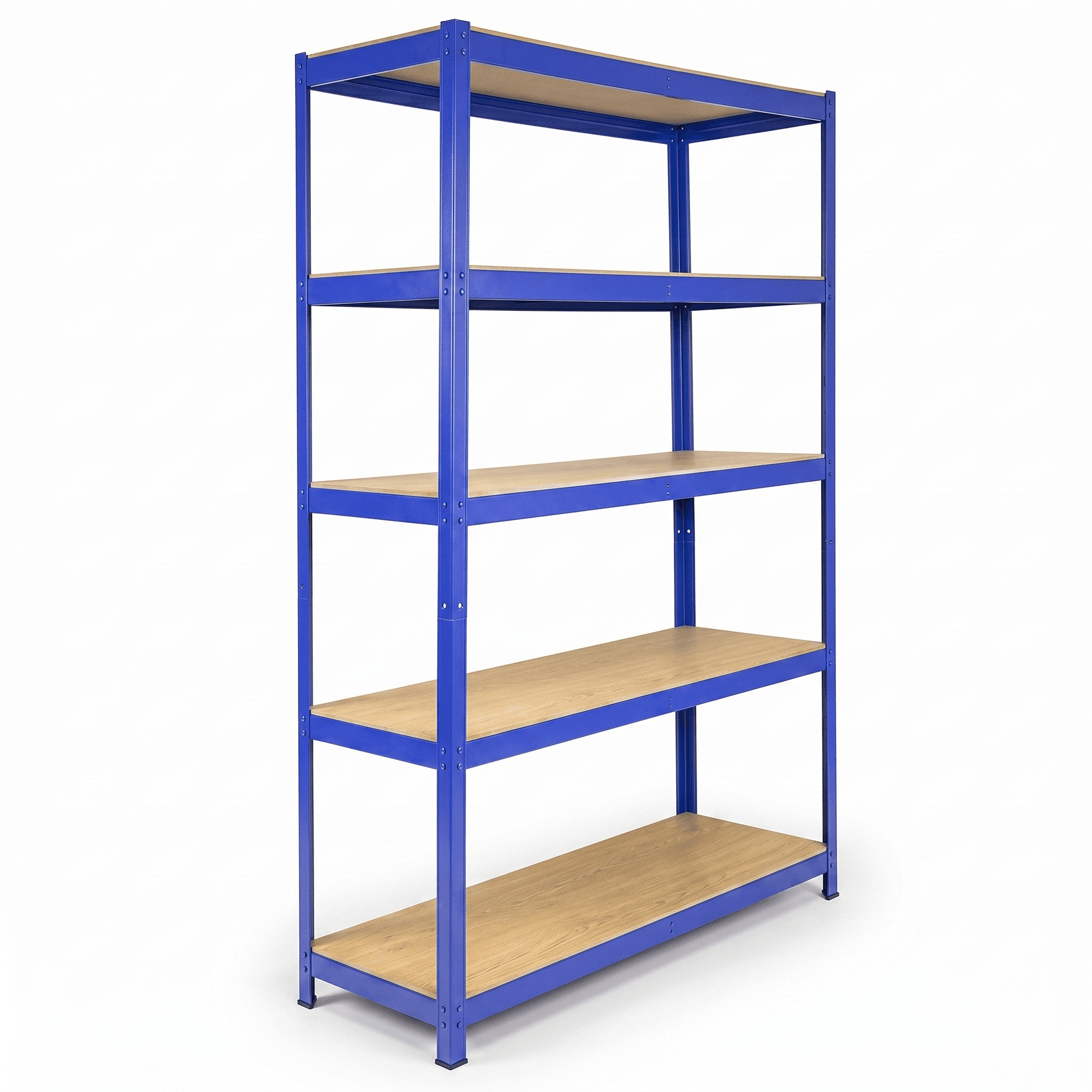 Sturdy blue shelving with wooden tiers ideal for organizing storage boxes Dubai in homes or warehouses.