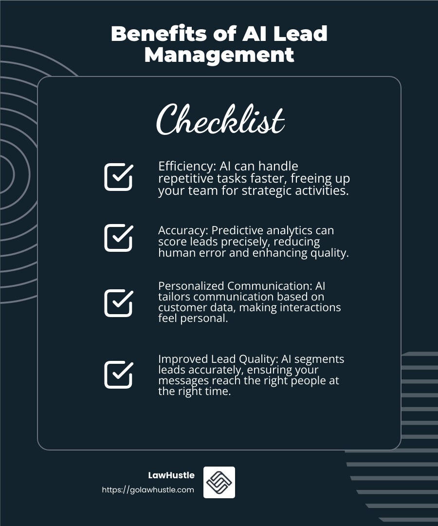 Benefits of AI Lead Management - AI lead management infographic checklist on a dark blue background.
