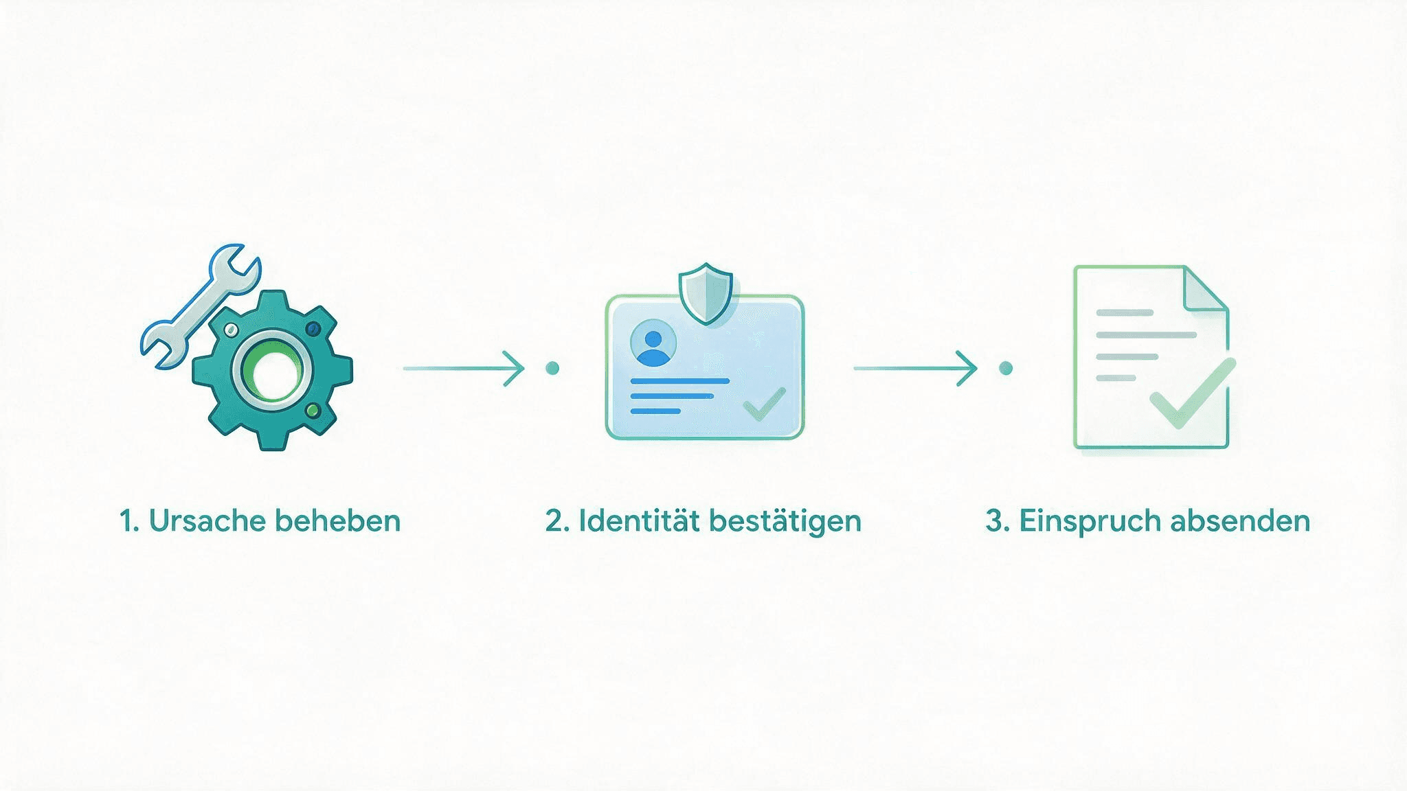 Infografik zum Google Ads Einspruch-Prozess: Drei Schritte von der Ursachenbehebung über die Identitätsbestätigung bis zum erfolgreichen Einspruch