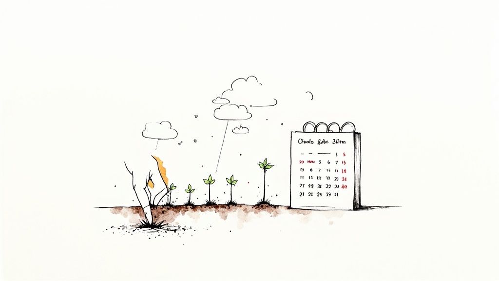 A team collaborating around a table with a laptop and papers, illustrating the planning and benefits of a content calendar.