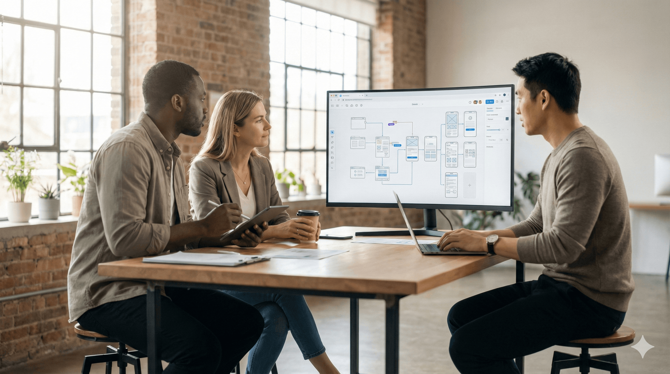 Three people sitting around a table in a modern office collaborating on a project displayed on a large monitor, with visible flowcharts and diagrams, enhancing teamwork and productivity using digital tools.