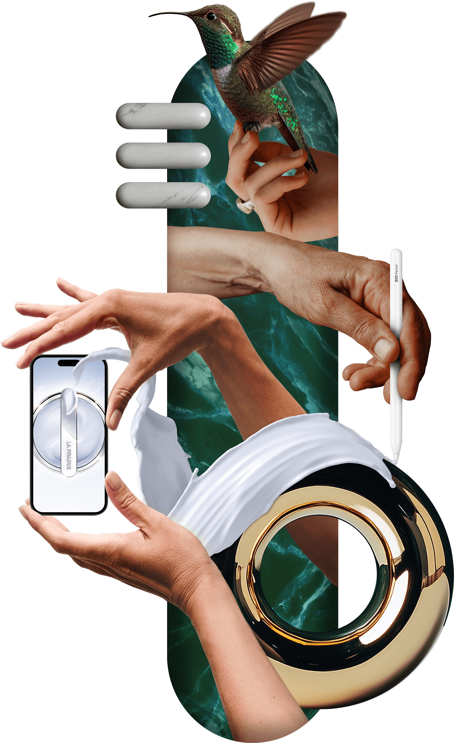 Digital collage of hands emerging from a vertical slit in the page. One hand holds an iPhone with a La Prairie screen. Another hand holds a digital pencil that is seemingly drawing with a splash of white paint or beauty product that is connected to the iPhone screen and a golden O shape below. There is a gray marble E shape and a third person's hand releasing a hummingbird.