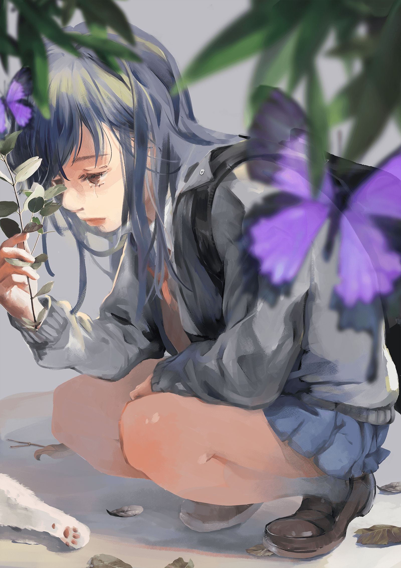 哭泣的少女蹲坐在地上，手握枯枝、閉眼低頭，前景有紫色蝴蝶掠過，呈現哀傷氛圍的情緒系插畫。